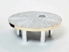 Table basse en mosaïque de laiton chromé Georges Mathias, pierre d'agate, 1970