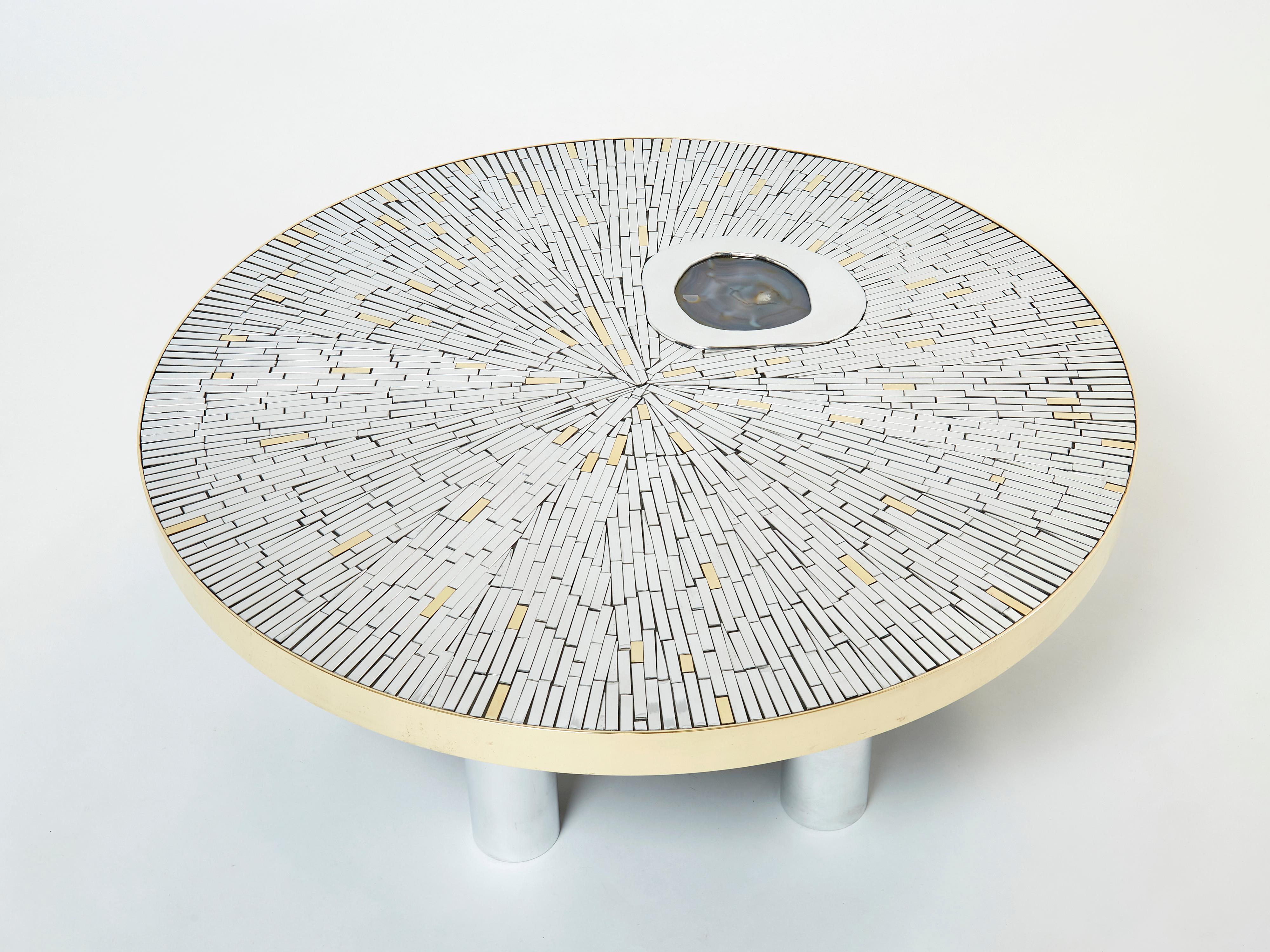 Mid-Century Modern Georges Mathias Chrome Brass Mosaic Coffee Table Agate Stone 1970