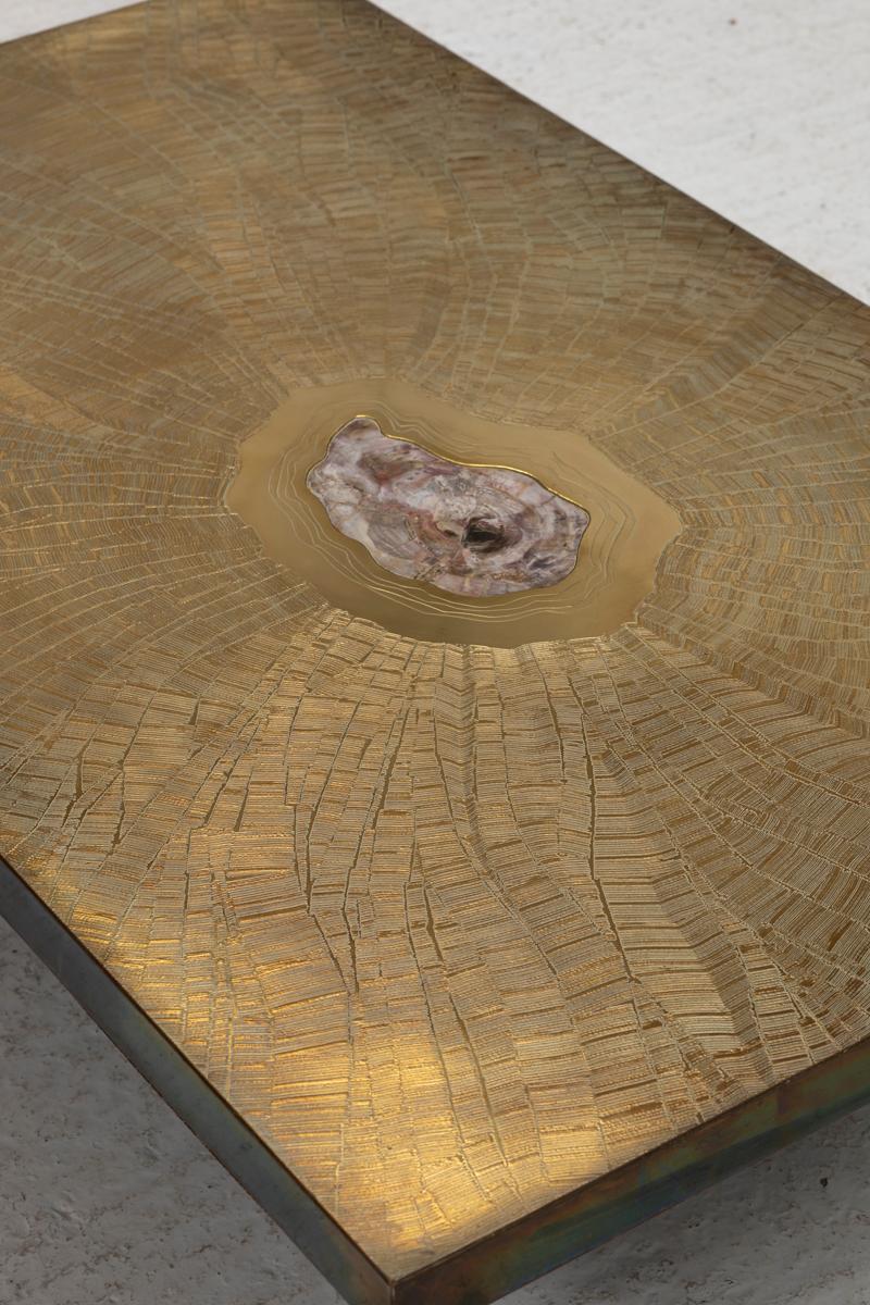 Georges Mathias Coffee Table for Lova, Etched Brass & Agate Stone, Belgium, 80s 12