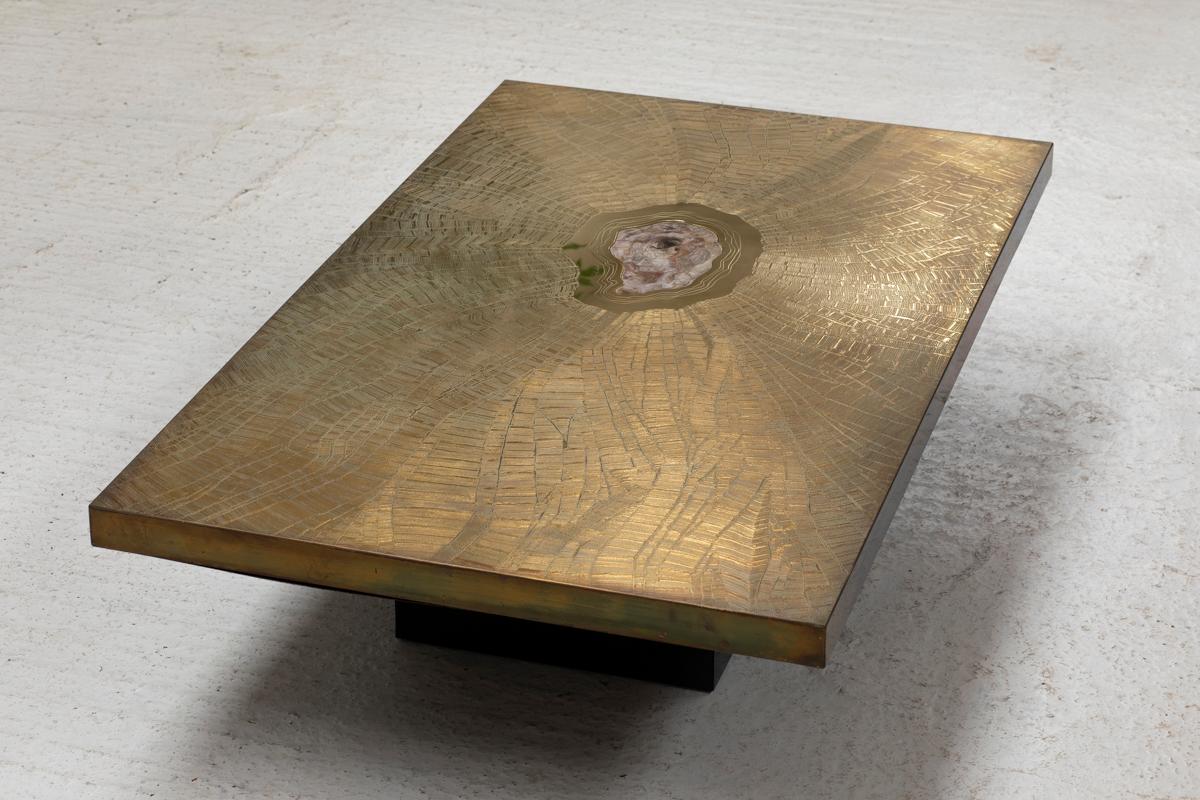 Georges Mathias Coffee Table for Lova, Etched Brass & Agate Stone, Belgium, 80s 13