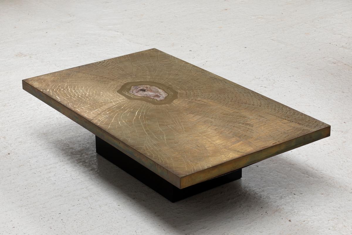 Georges Mathias Coffee Table for Lova, Etched Brass & Agate Stone, Belgium, 80s 14