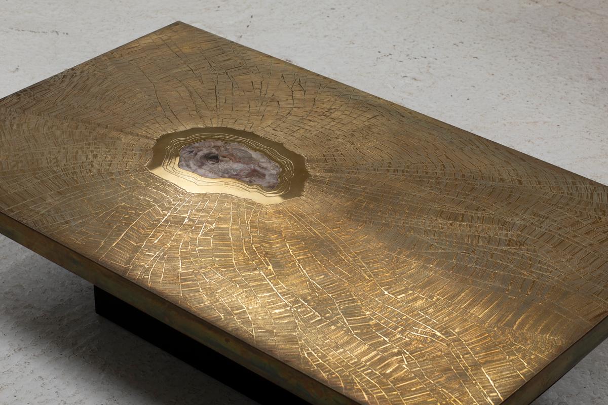 Georges Mathias Coffee Table for Lova, Etched Brass & Agate Stone, Belgium, 80s 15