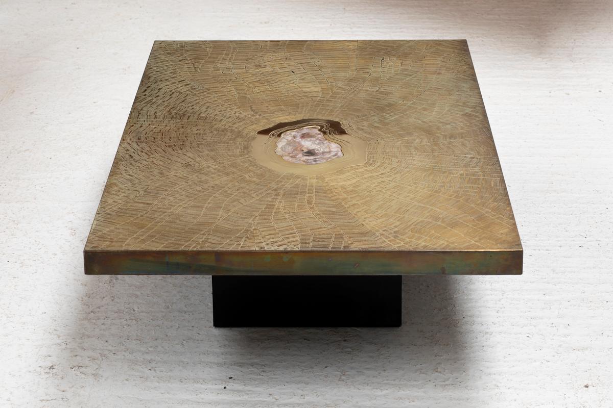 Belgian Georges Mathias Coffee Table for Lova, Etched Brass & Agate Stone, Belgium, 80s