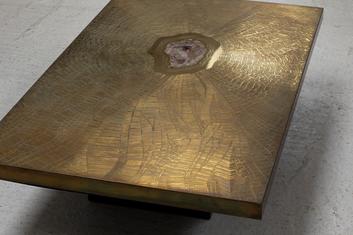 Georges Mathias Coffee Table for Lova, Etched Brass & Agate Stone, Belgium, 80s In Good Condition In Antwerpen, BE