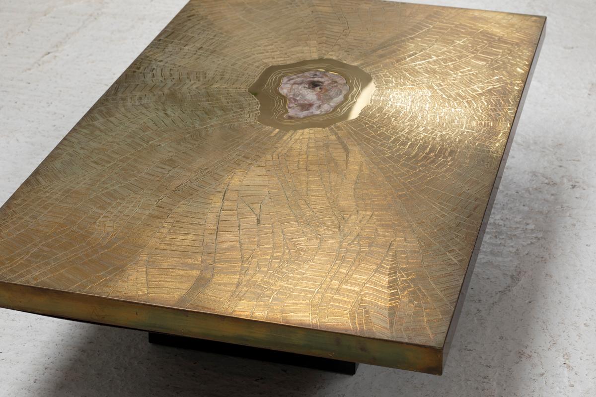 Late 20th Century Georges Mathias Coffee Table for Lova, Etched Brass & Agate Stone, Belgium, 80s