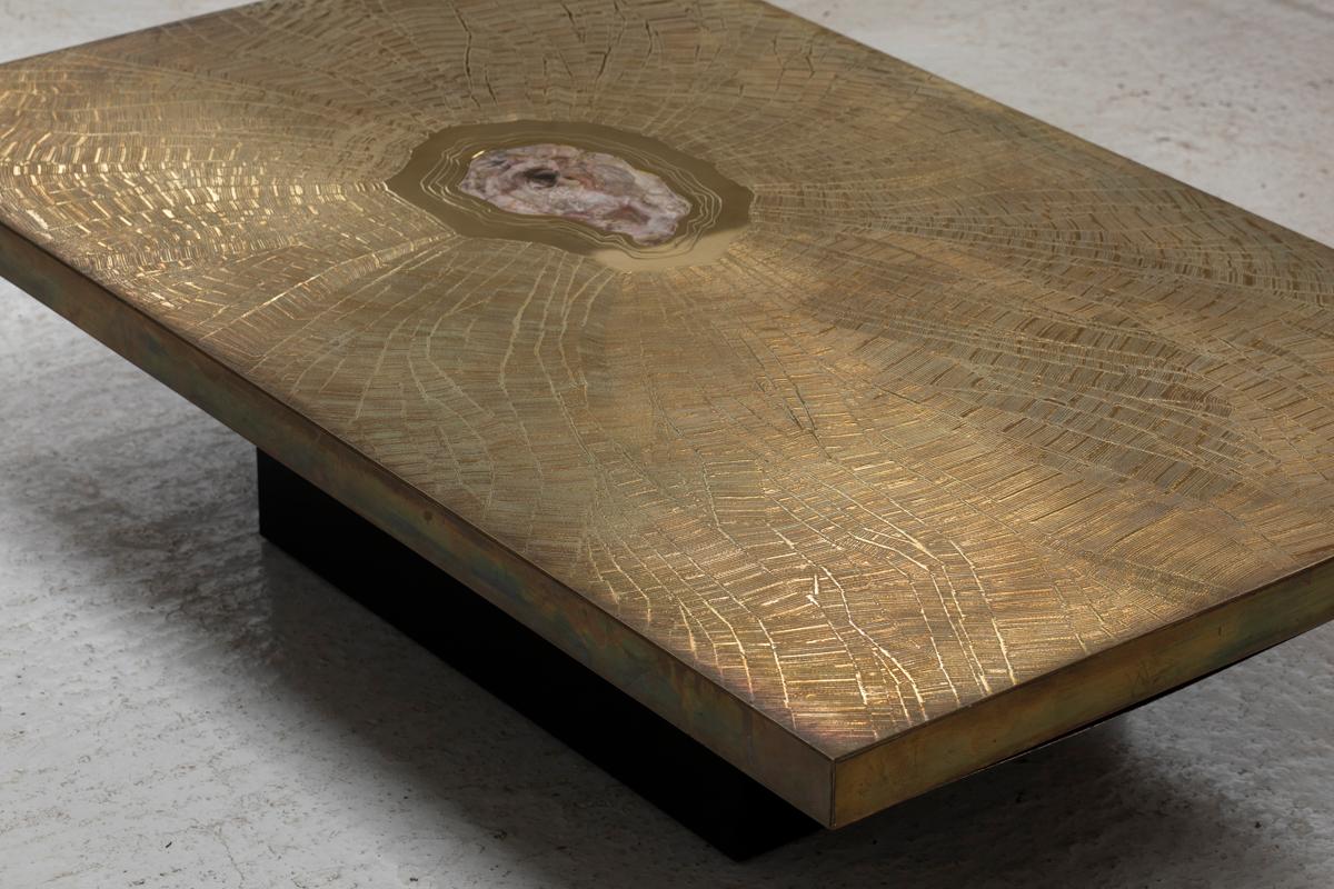 Georges Mathias Coffee Table for Lova, Etched Brass & Agate Stone, Belgium, 80s 3