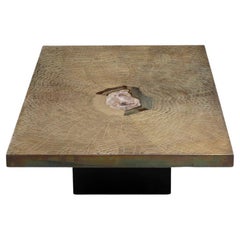 Georges Mathias Coffee Table for Lova, Etched Brass & Agate Stone, Belgium, 80s