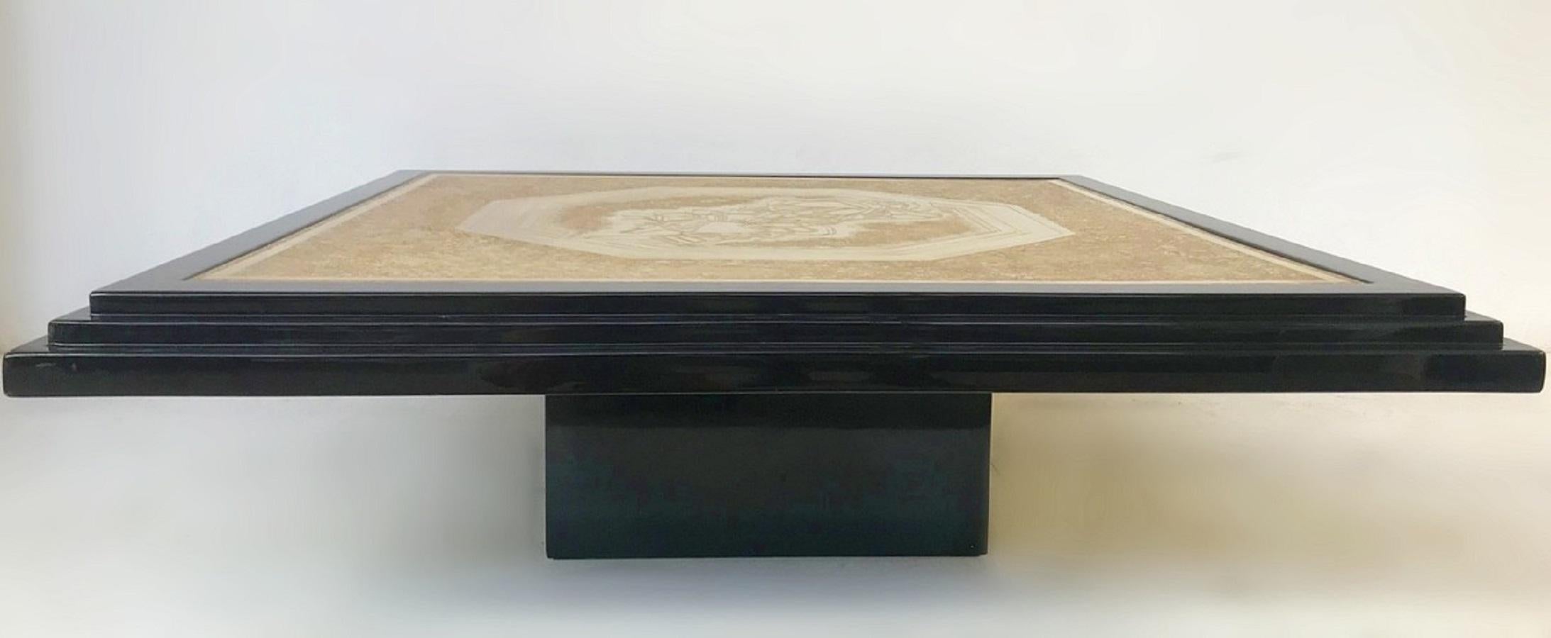 Georges Mathias Coffee Table in Black Lacquered and Etched Brass, Unique Piece 1
