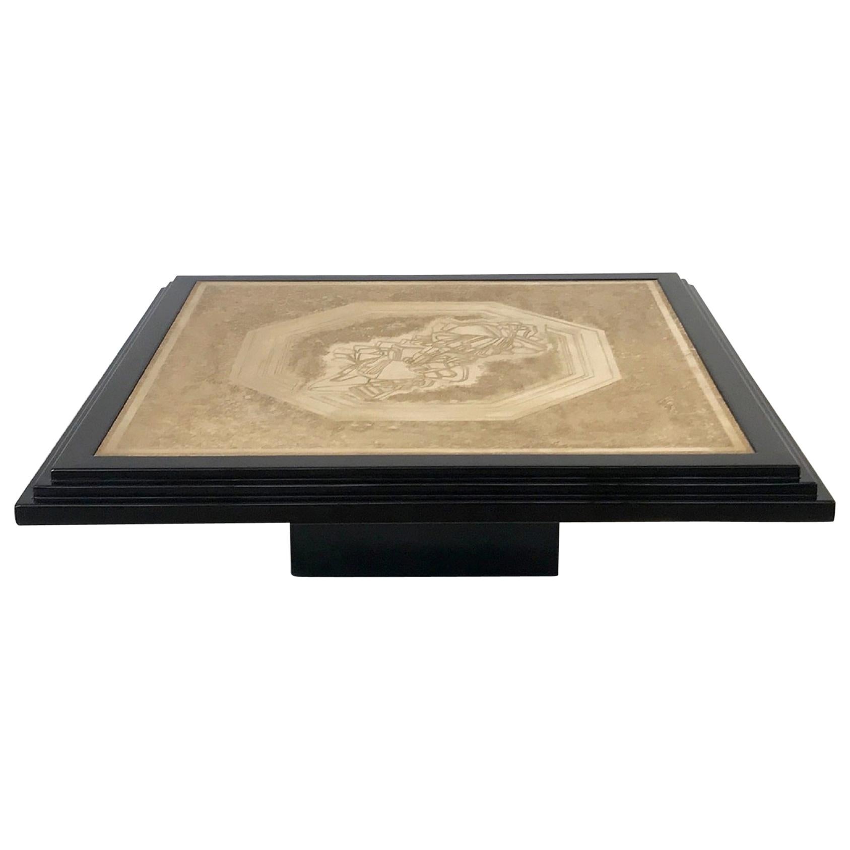 Georges Mathias Coffee Table in Black Lacquered and Etched Brass, Unique Piece