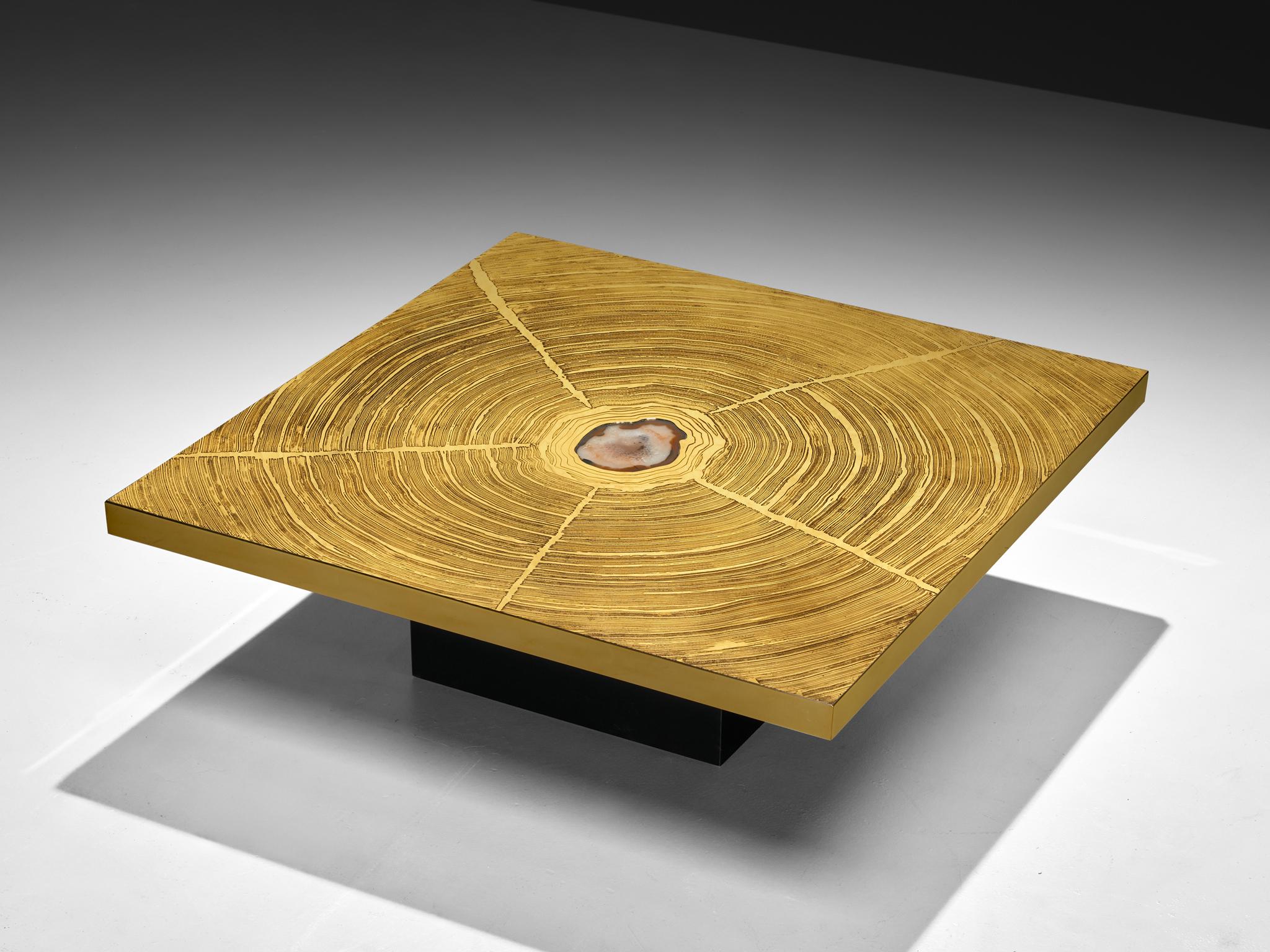 Georges Mathias, coffee table, wood, brass, agate, formica, Belgium, 1970s

This exceptional square coffee table is a creation of Belgian designer Georges Mathias, dating from the 1970s. The table showcases a brass surface meticulously engraved.