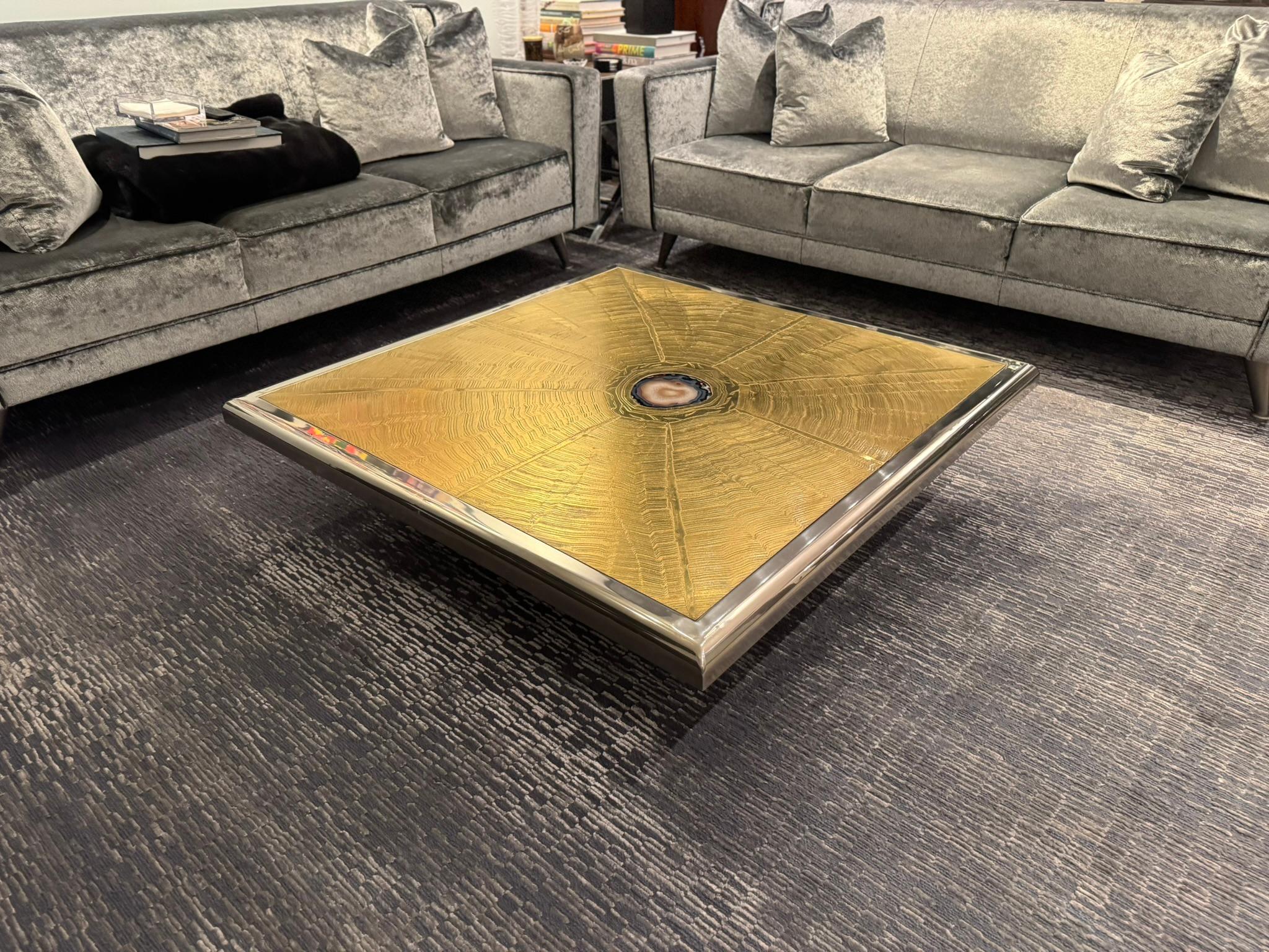 Mid-century modern square coffee table designed by George Mathias for Lova Creation of Belgium crafted from acid-etched brass, inset with agate stone.  42 inches square and 12 1/2 inches tall.  Signed and in very good condition.