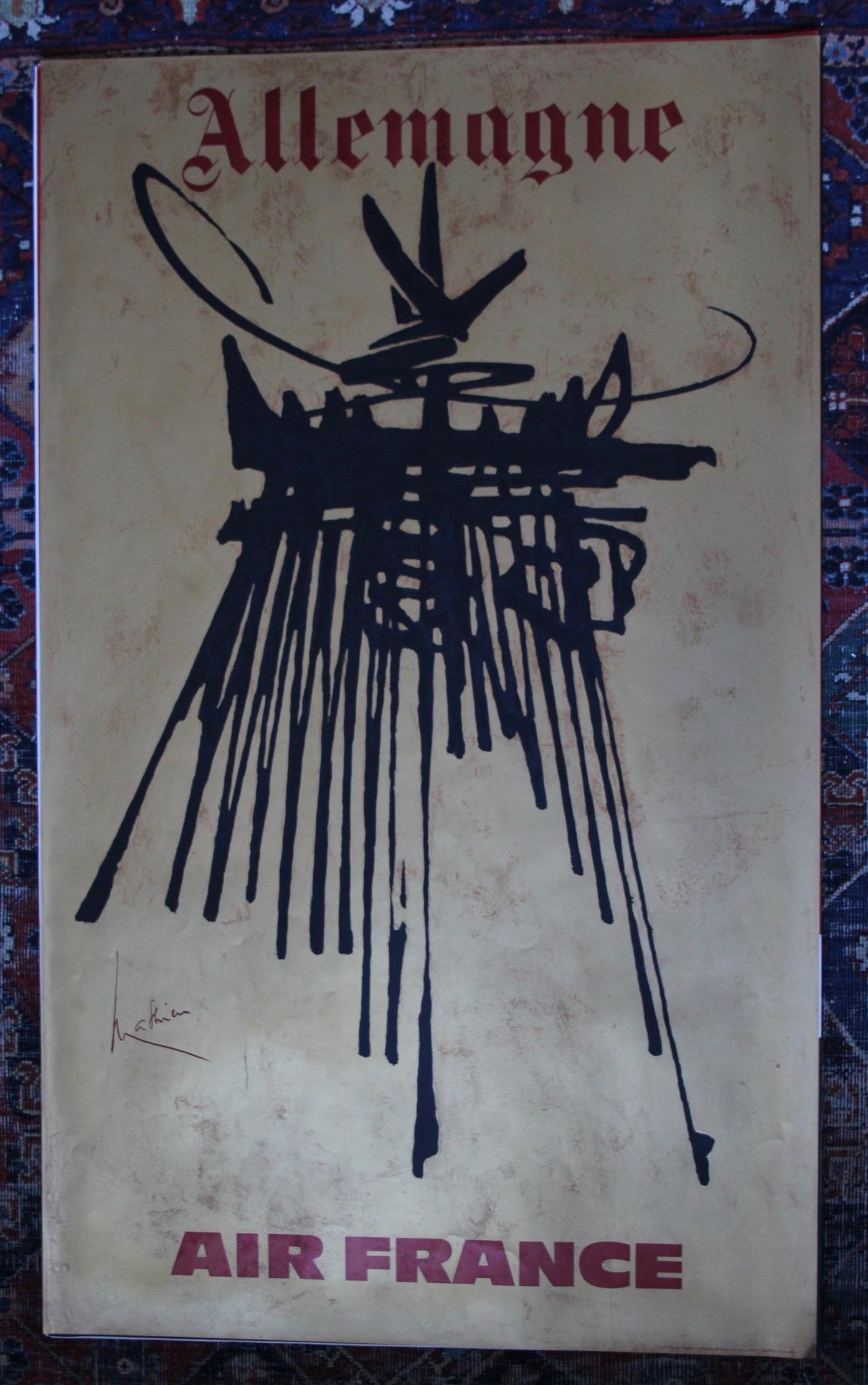 Póster Vintage Original-Mathieu Georges-Air France-AllemagneViajes, 1967  Este cartel promociona los viajes de Air France a Alemania.  Georges Mathieu fue un pintor autodidacta y un teórico que comenzó su carrera artística en 1942.  Se le atribuye