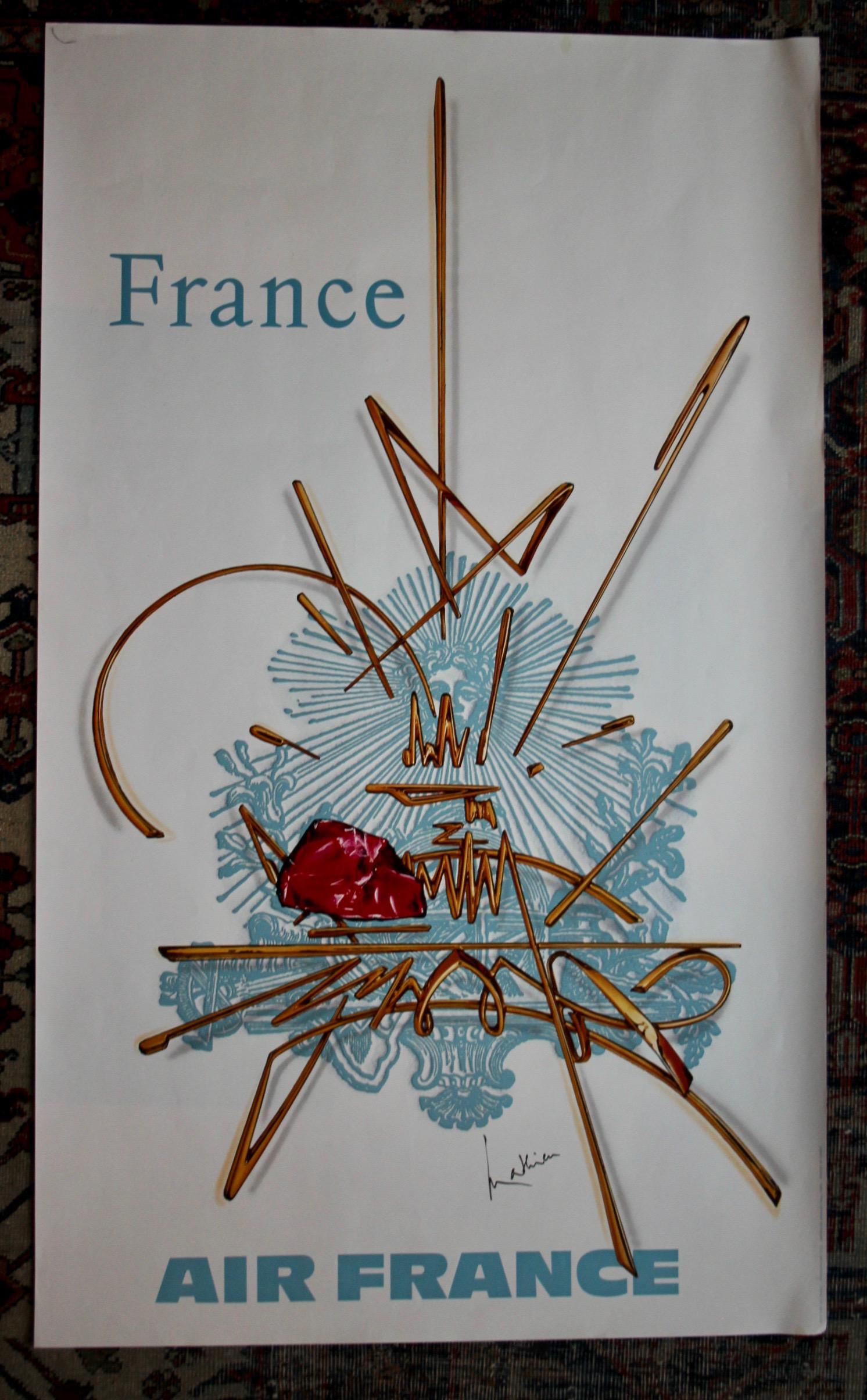 Cartel original- Mathieu G -Air France-Paris-Torre Eiffel Roi Soleil, 1967  Este cartel promociona los viajes de Air France a Francia. La Torre Eiffel está representada así como Luis XIV, el 