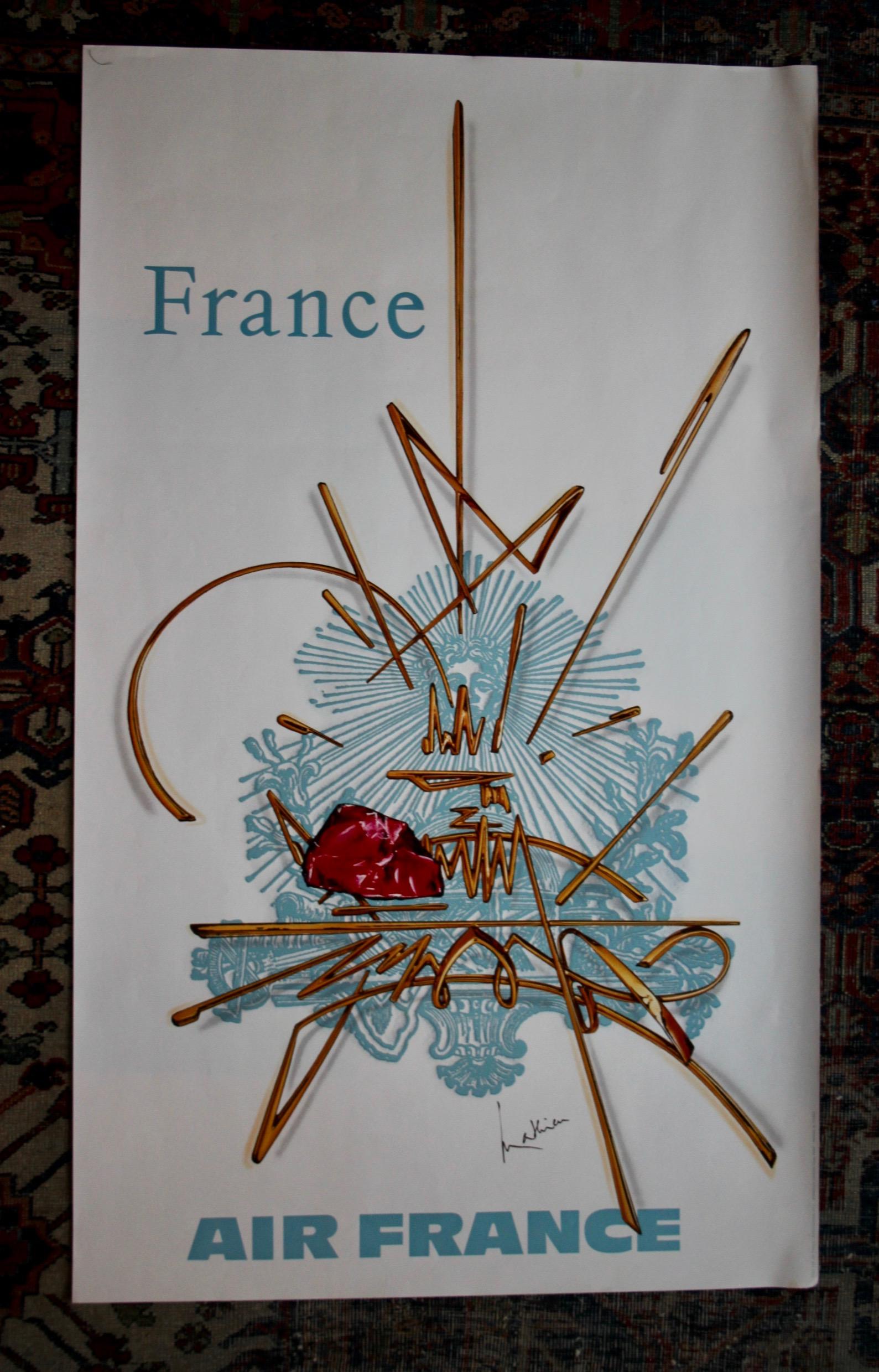 Georges Mathieu, Cartel original de época de una compañía aérea, Air France Torre Eiffel, 1967 Francés en venta
