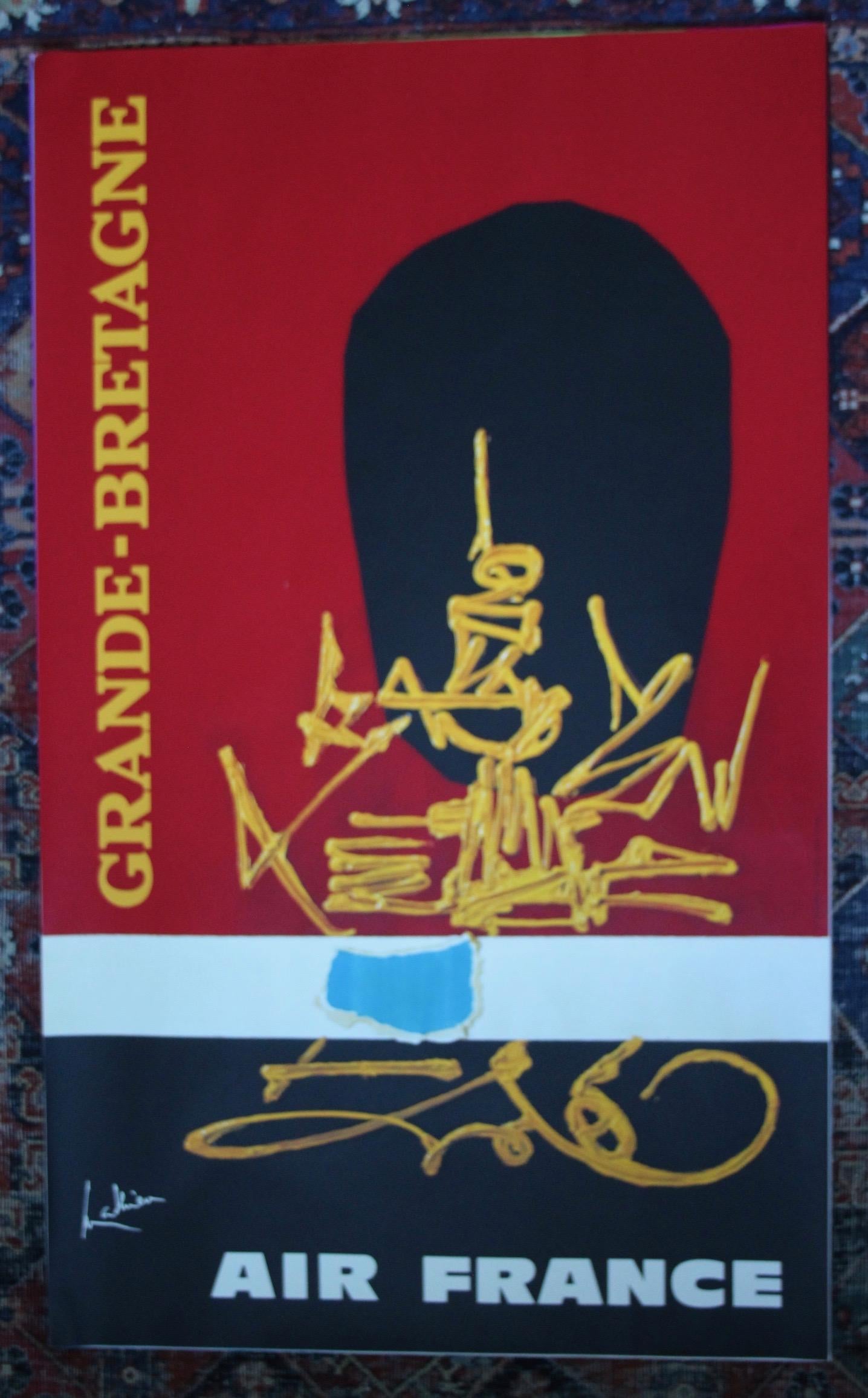Cartel Vintage Original-Mathieu Georges-Air France Gran Bretaña Londres, 1967  Este cartel promociona los viajes de Air France a Gran Bretaña (Inglaterra-Gales-Escocia). Se representa un gorro de piel de oso de la Guardia de la reina Isabel. 