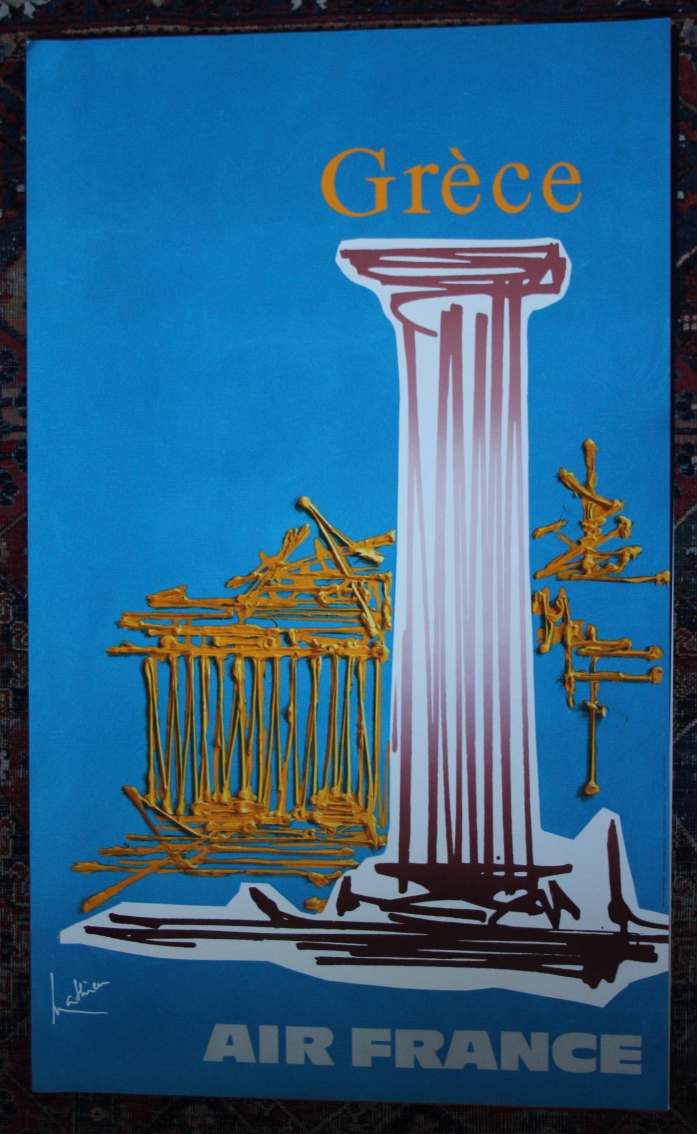 Cartel Vintage Original-Mathieu Georges-Air France-Grecia-Atenas, 1967  Este cartel promociona un viaje de Air France a Grecia para visitar la Acrópolis de Atenas.  Georges Mathieu fue un pintor autodidacta y un teórico que comenzó su carrera