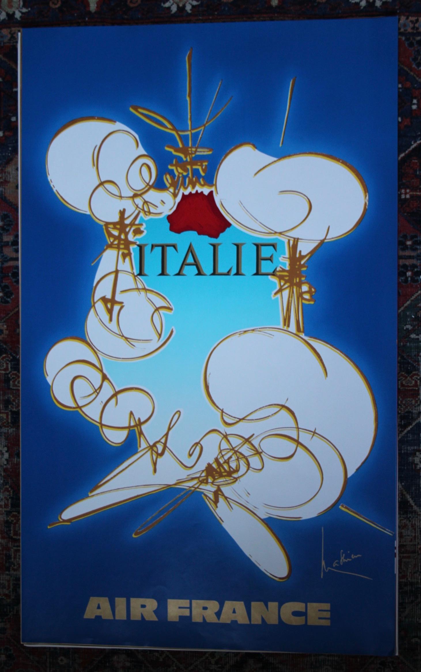 Póster original Vintage-Mathieu Georges-Air France-Italia-Viaje, 1967  Este cartel promociona los viajes de Air France a Italia.  Georges Mathieu fue un pintor autodidacta y un teórico que comenzó su carrera artística en 1942.  Se le atribuye el