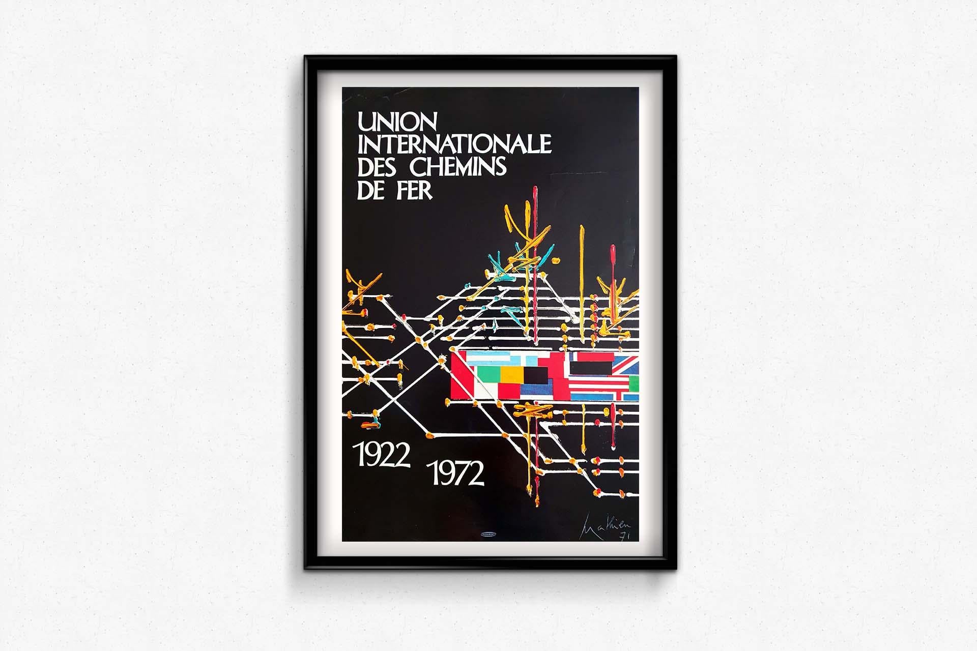 The 1971 original poster by Mathieu for the exhibition of the Union Internationale des Chemins de Fer (International Union of Railways) stands as a striking example of the fusion of artistic creativity and the world of transportation. This poster,