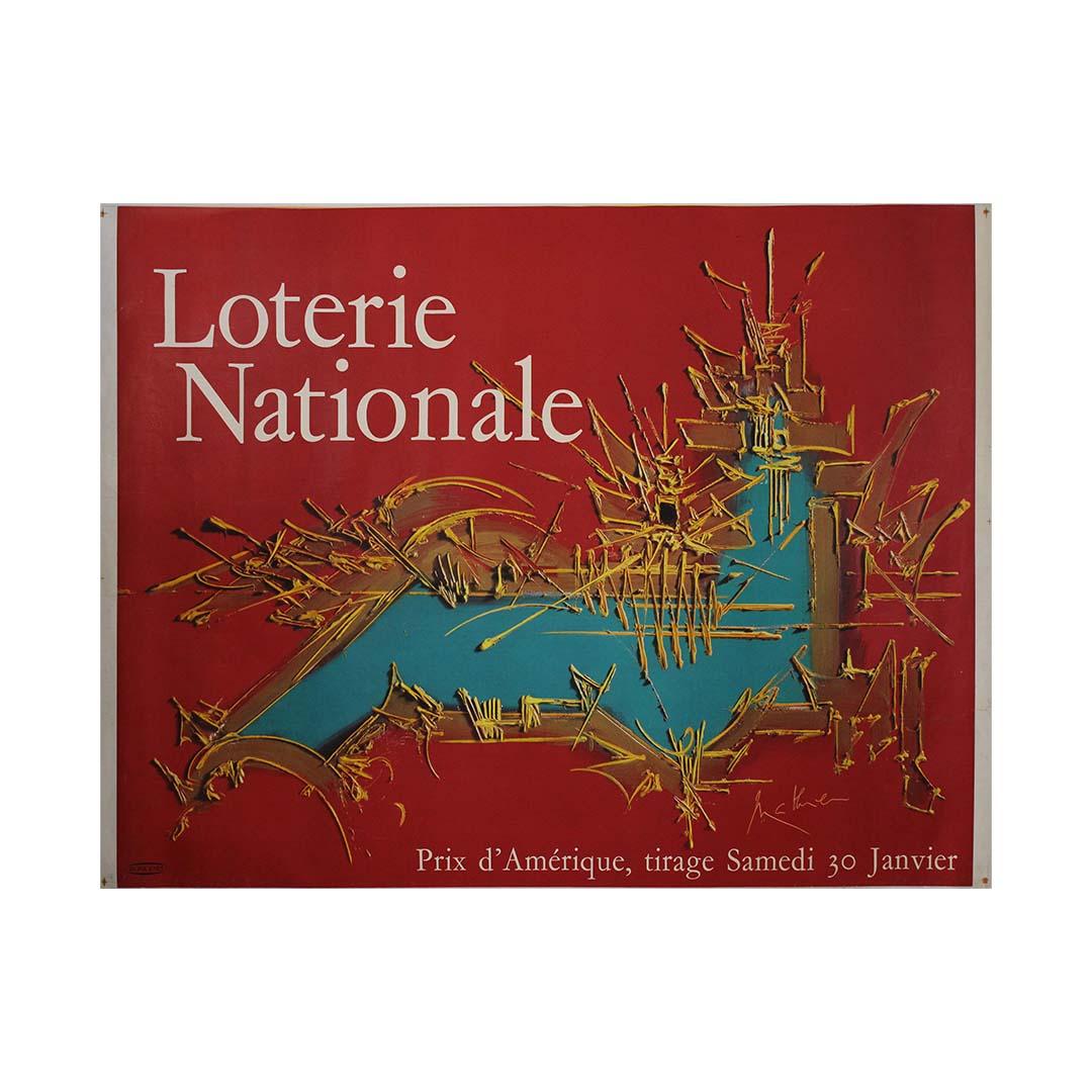 El cartel del Prix d'Amérique de 1971, realizado por Mathieu para la Loterie Nationale, es un sorprendente ejemplo del diseño gráfico francés de mediados del siglo XX, que capta la esencia de una de las carreras de caballos más prestigiosas de