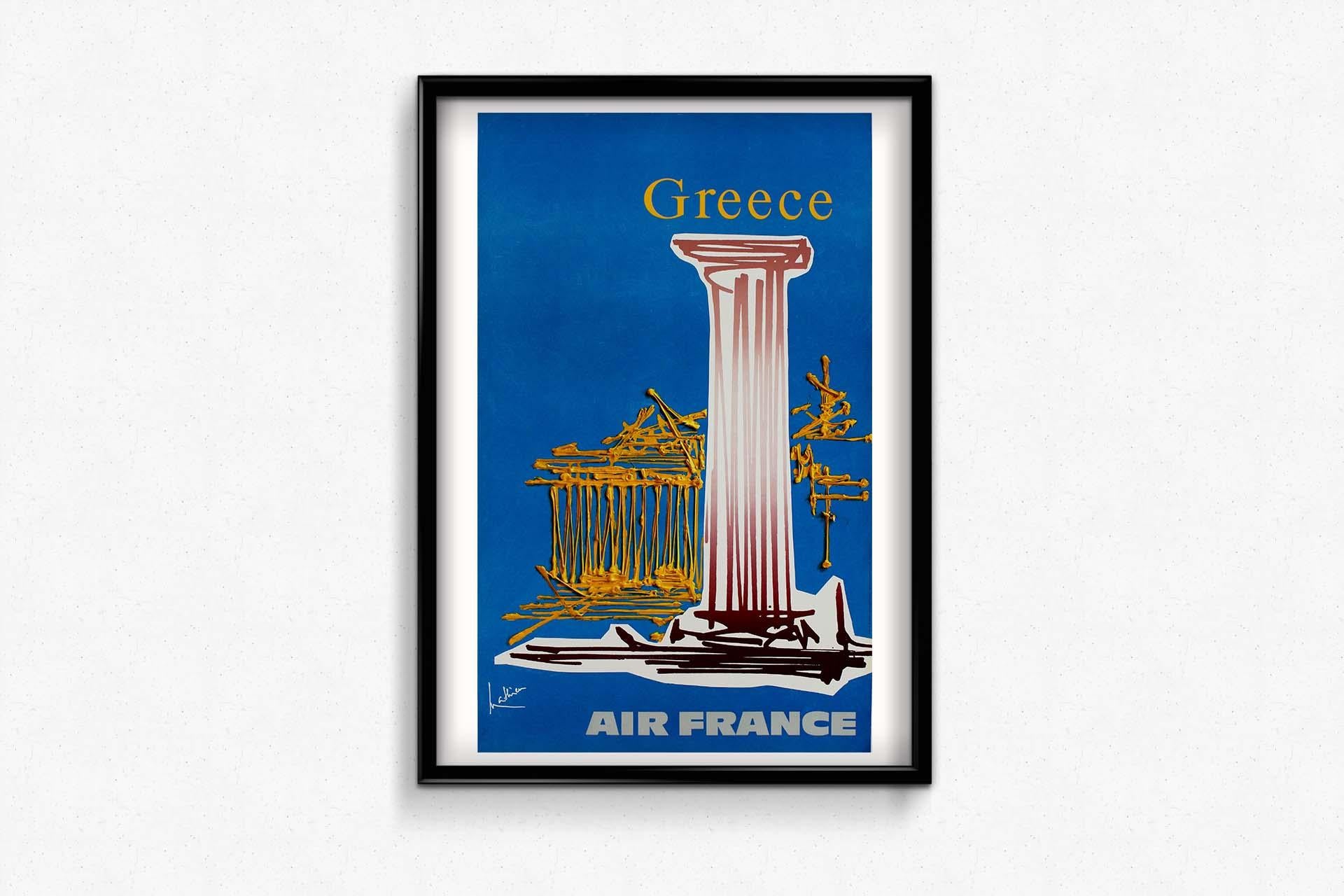 Il poster di Air France Grèce del 1967 di A. Mathieu è un capolavoro visivo che ci invita a intraprendere un viaggio nella bellissima e storica terra della Grecia. Questo iconico poster non solo celebra i viaggi aerei, ma cattura anche l'essenza
