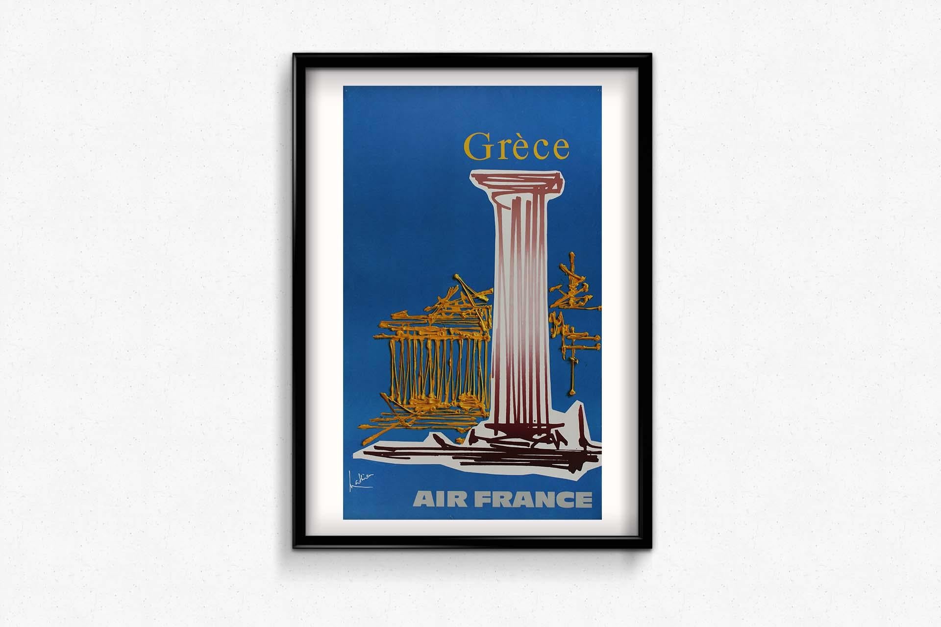Im Bereich der Reiseplakate gibt es Kreationen, die als zeitlose Meisterwerke gelten, und das Air France Grèce-Plakat von Mathieu aus dem Jahr 1967 ist zweifellos ein solches Juwel. Dieses ikonische Kunstwerk lädt zu einer Reise in die bezaubernden