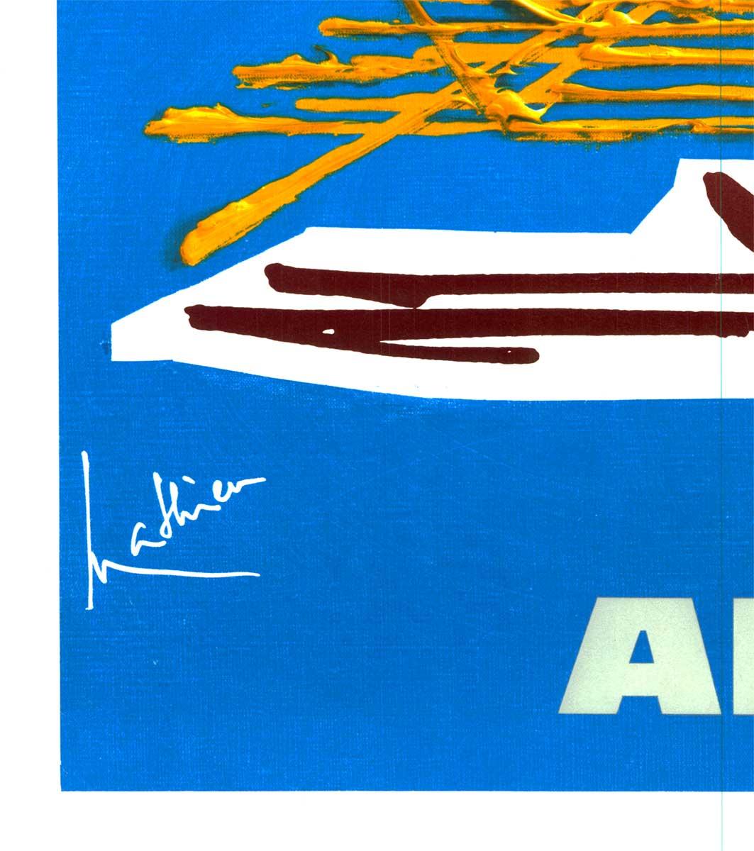 Original Air France Grece vintage Reiseplakat.
Leinengebundenes Original-Reiseplakat von Air France nach Griechenland.   Stilisierte griechische Säulen und der Parthenon in Athen, Griechenland, vor einem mediterranen blauen Hintergrund.   Sehr guter