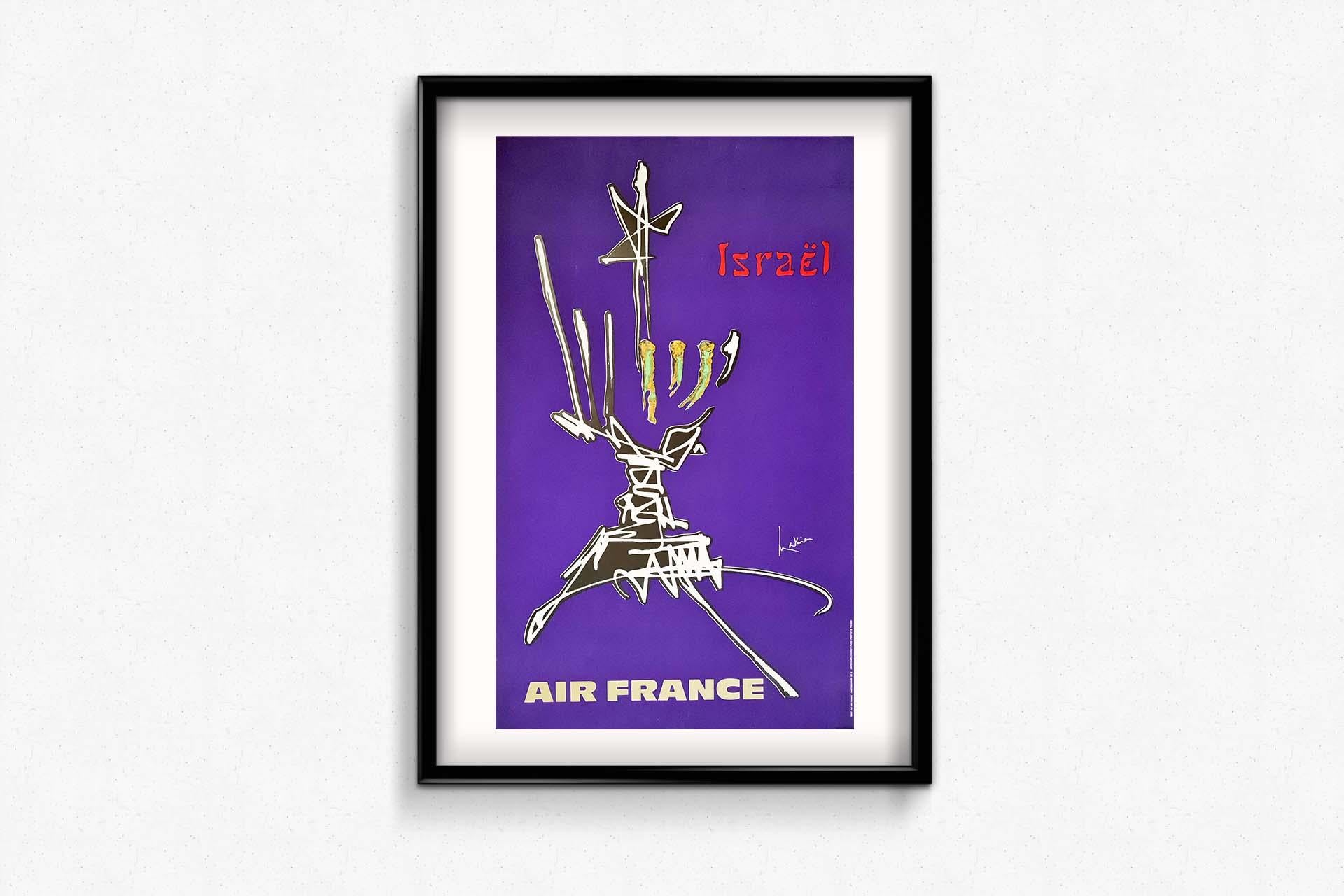 Georges Mathieu, französischer Maler und Designer, Meister des Informel, einer Bewegung, die mit der modernen Malerei der Nachkriegszeit verbunden ist, schuf 1968 eine Serie von 16 Plakaten für Air France.
Dieser steht für Israel und deutet auf den
