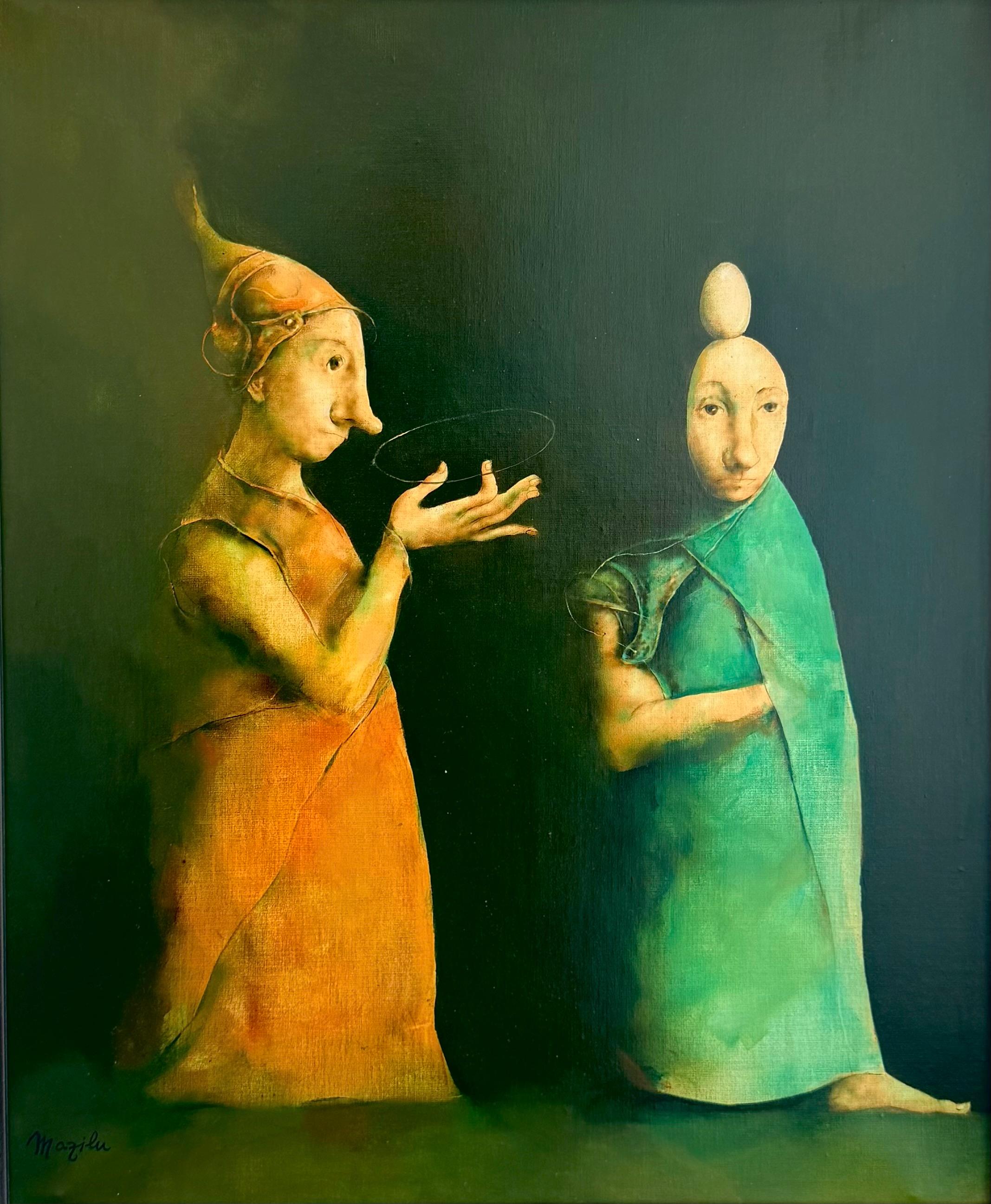 Figurative Painting Georges Mazilu - Deux Magiciens Two Magicians Huile sur toile Personnes en stock