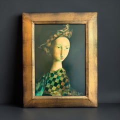 Femme a Robe aux Carreaux Oil Painting on Canvas Lady with Dress Square In Stock