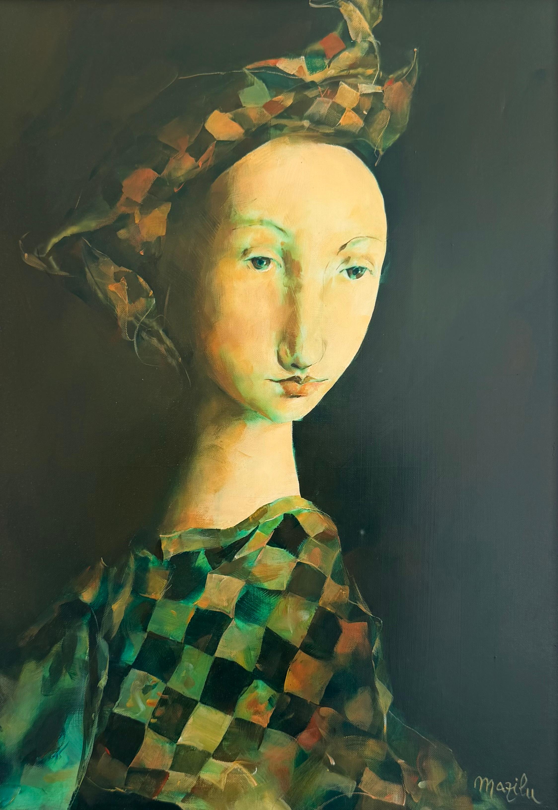 Femme a Robe aux Carreaux Pittura a olio su tela Signora con abito quadrato In magazzino