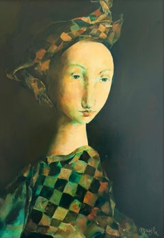 Femme a Robe aux Carreaux Oil Painting on Canvas Lady with Dress Square In Stock