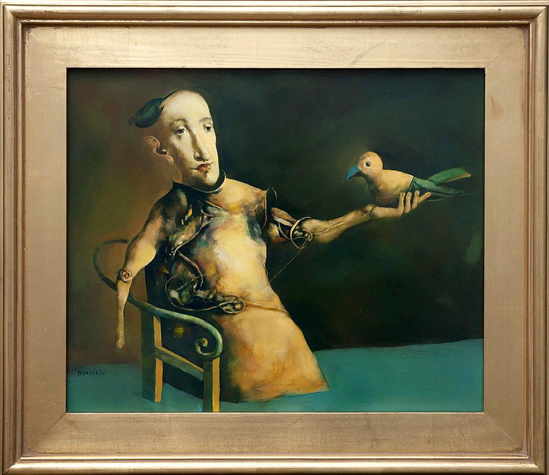 Georges Mazilu Figurative Painting - L'homme à l'oiseau