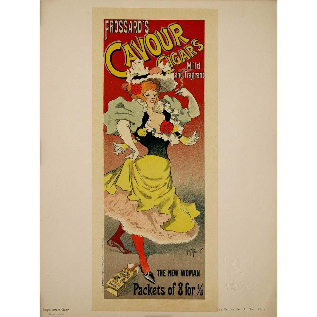 Nella serie Les Maîtres de l'Affiche, "Frossard's Cavour Cigars - Mild and Fragrant" di Georges Meunier è una masterclass nell'arte pubblicitaria della Belle Époque. Questa litografia del 1896 cattura lo stile di vita raffinato e il gusto