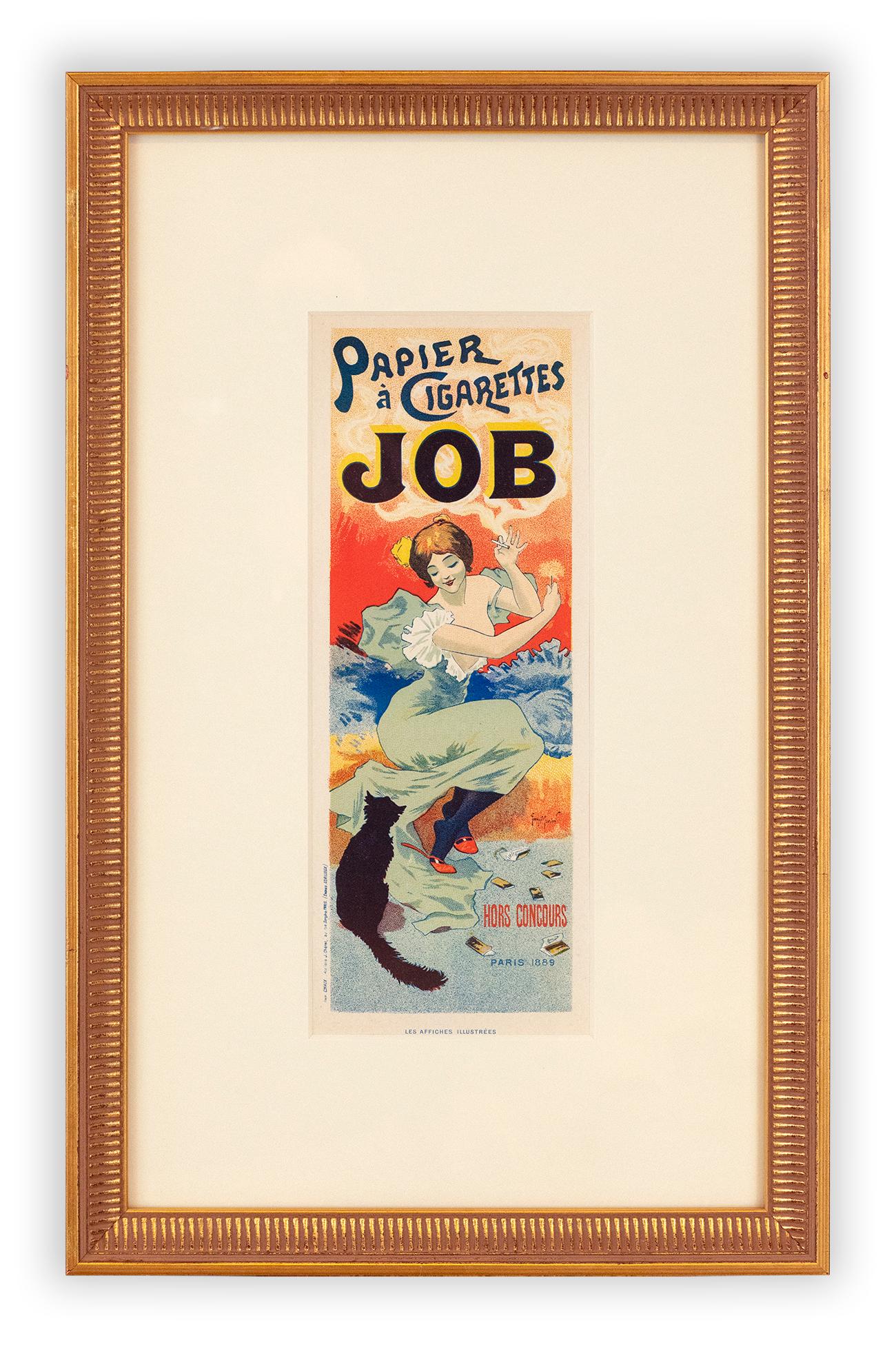 Una morena a la moda sonríe juguetonamente a su gato negro mientras disfruta de los papeles de fumar JOB.

Litografía del Papier à Cigarettes JOB de Georges Meunier, publicado en 1896 por la Imprimerie Chaix, imprenta conocida por haber publicado