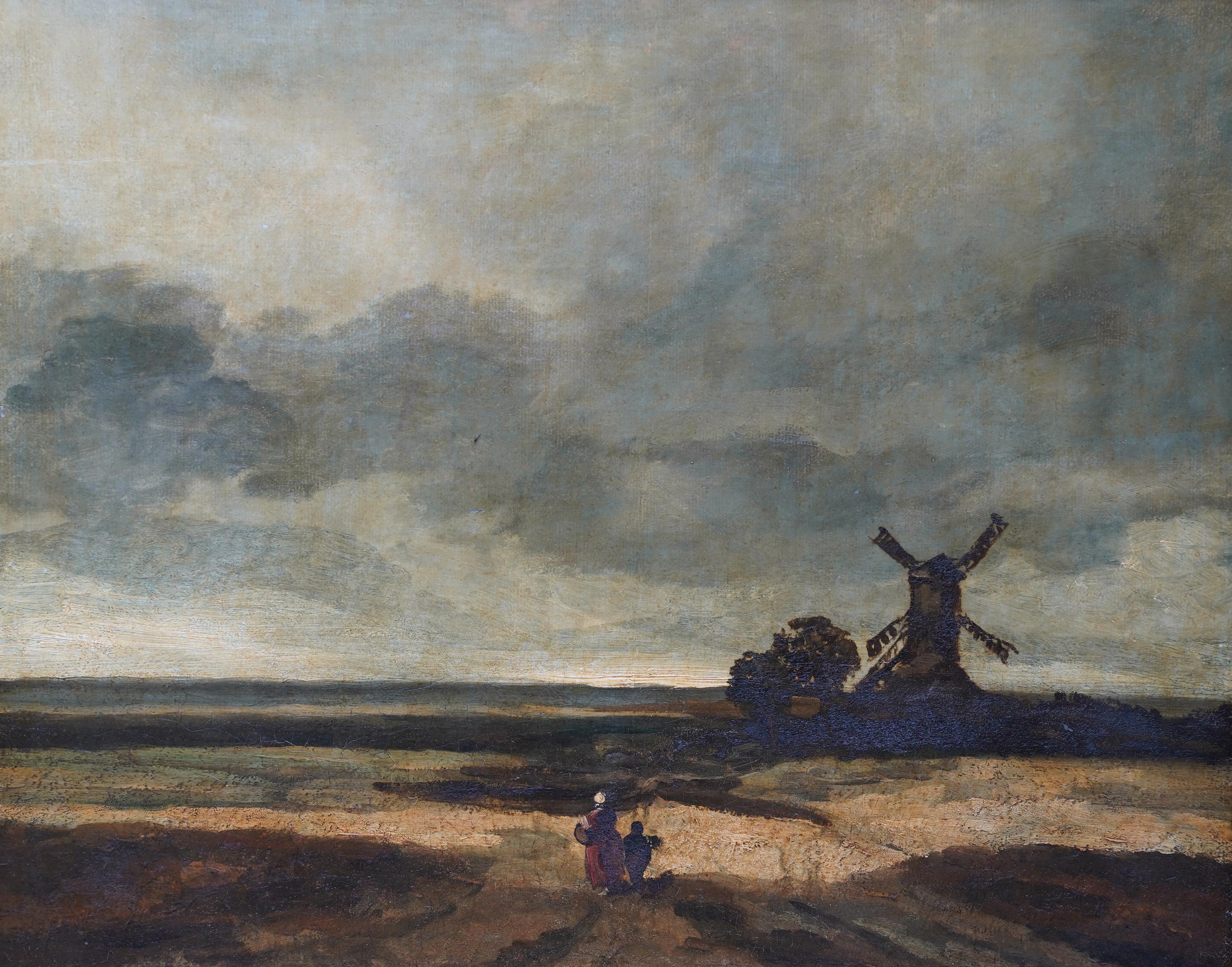 Crossing the Common French 19thC art figurative windmill landscape oil painting - Painting by Georges Michel