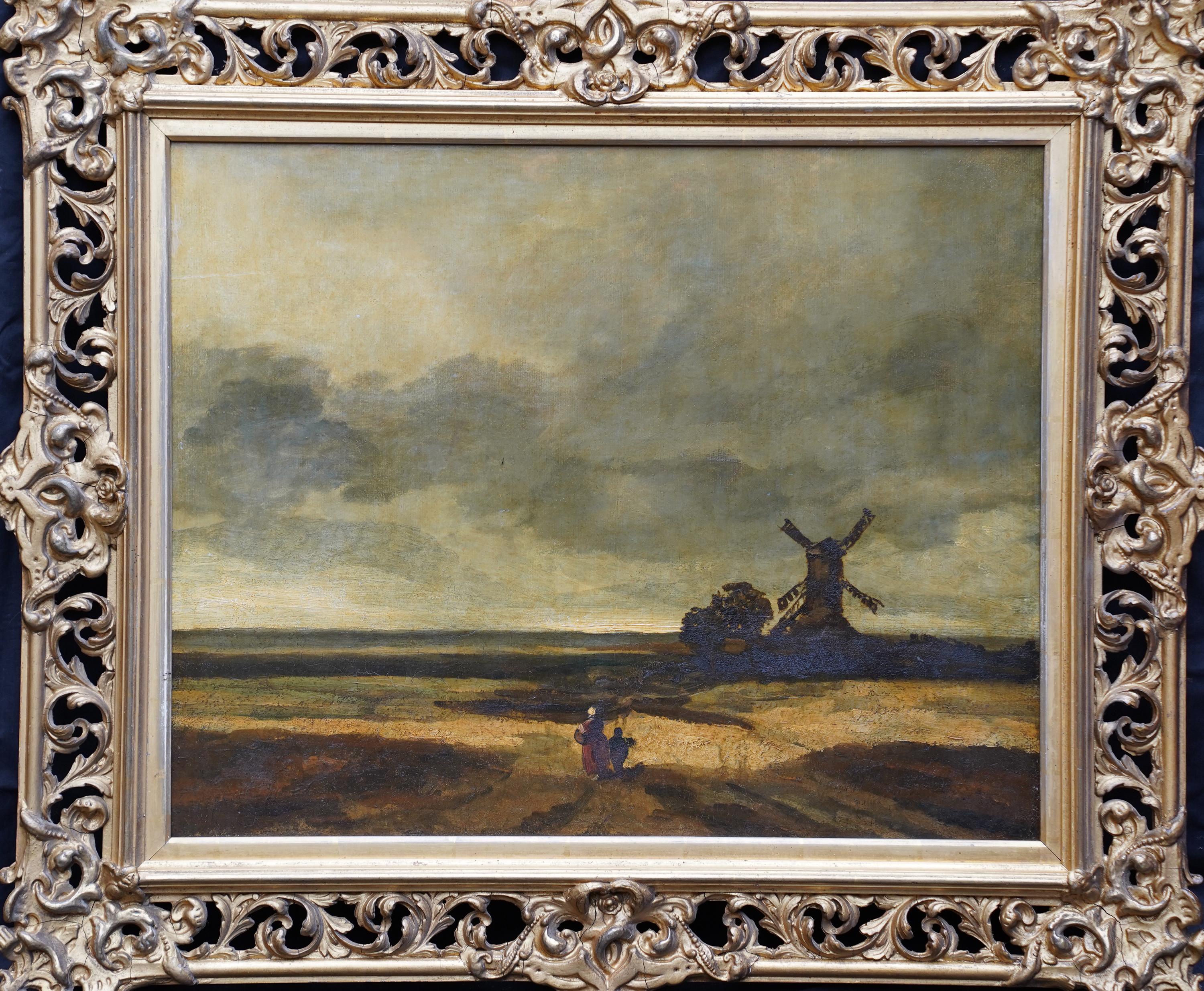 Crossing the Common French 19thC art figurative windmill landscape oil painting For Sale 4