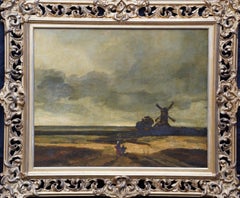 Antique Crossing the Common French 19thC art figurative windmill landscape oil painting