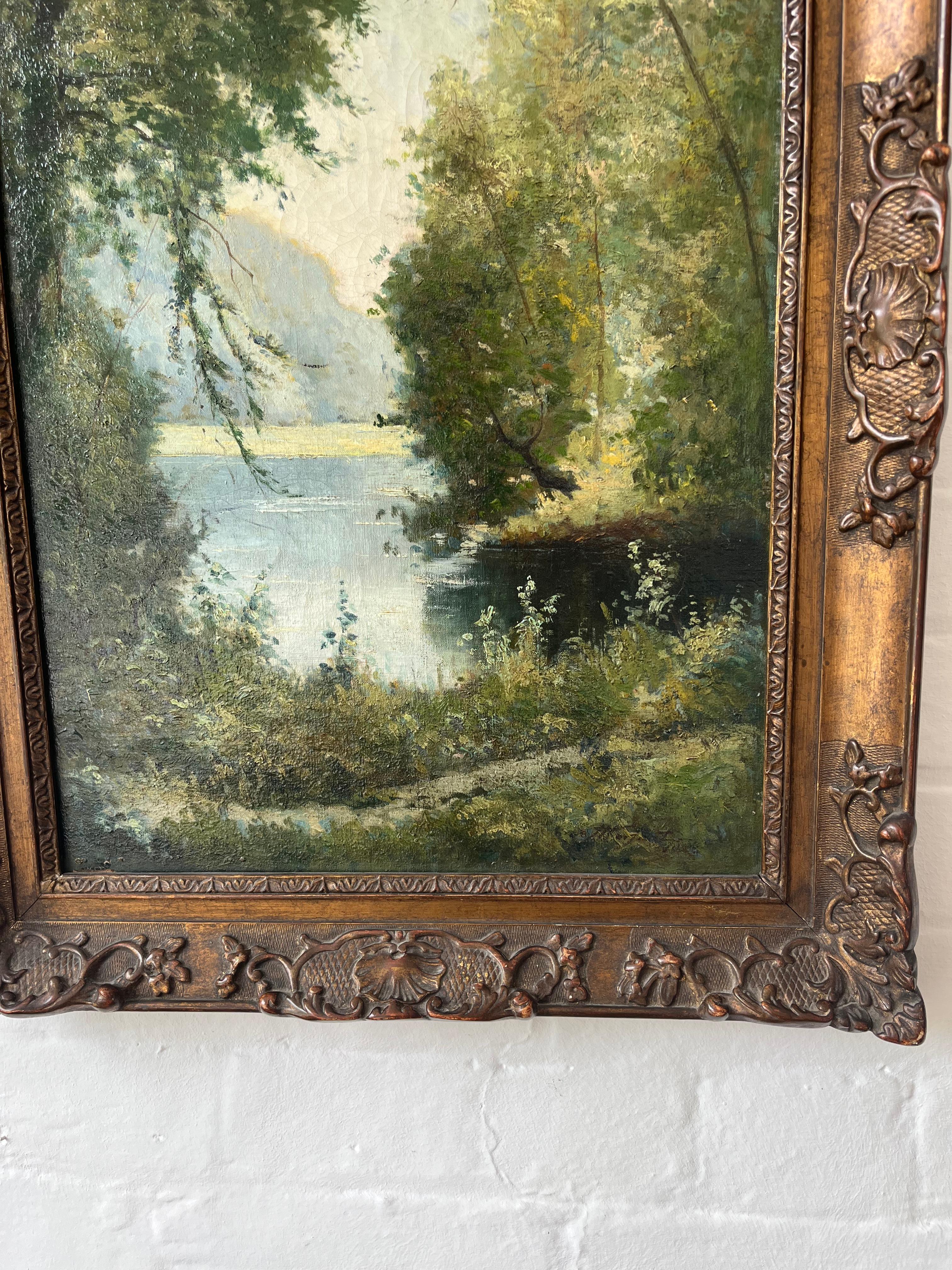 Georges Moisaut Óleo impresionista francés, paisaje fluvial en venta 9
