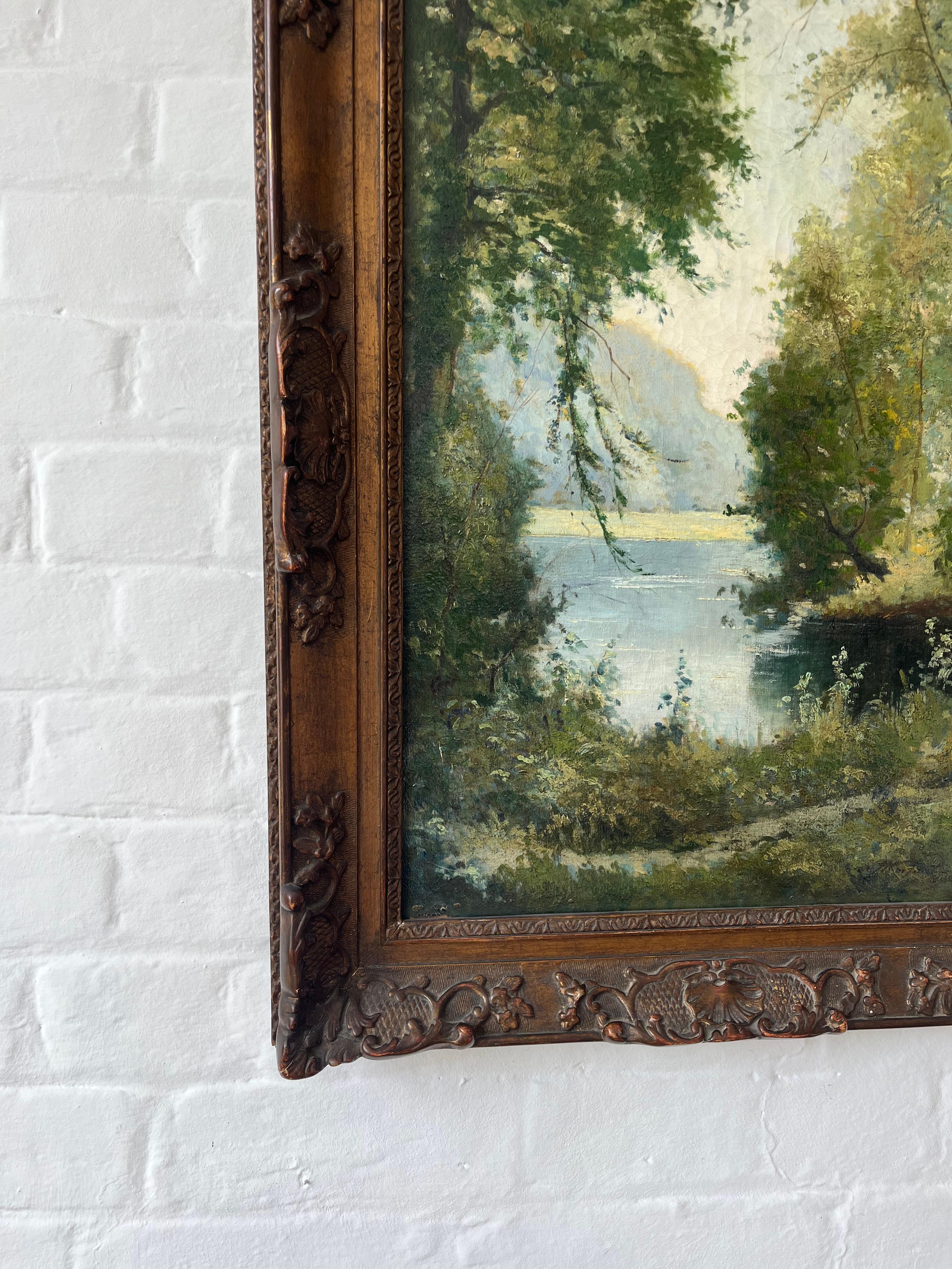 Georges Moisaut Óleo impresionista francés, paisaje fluvial en venta 10