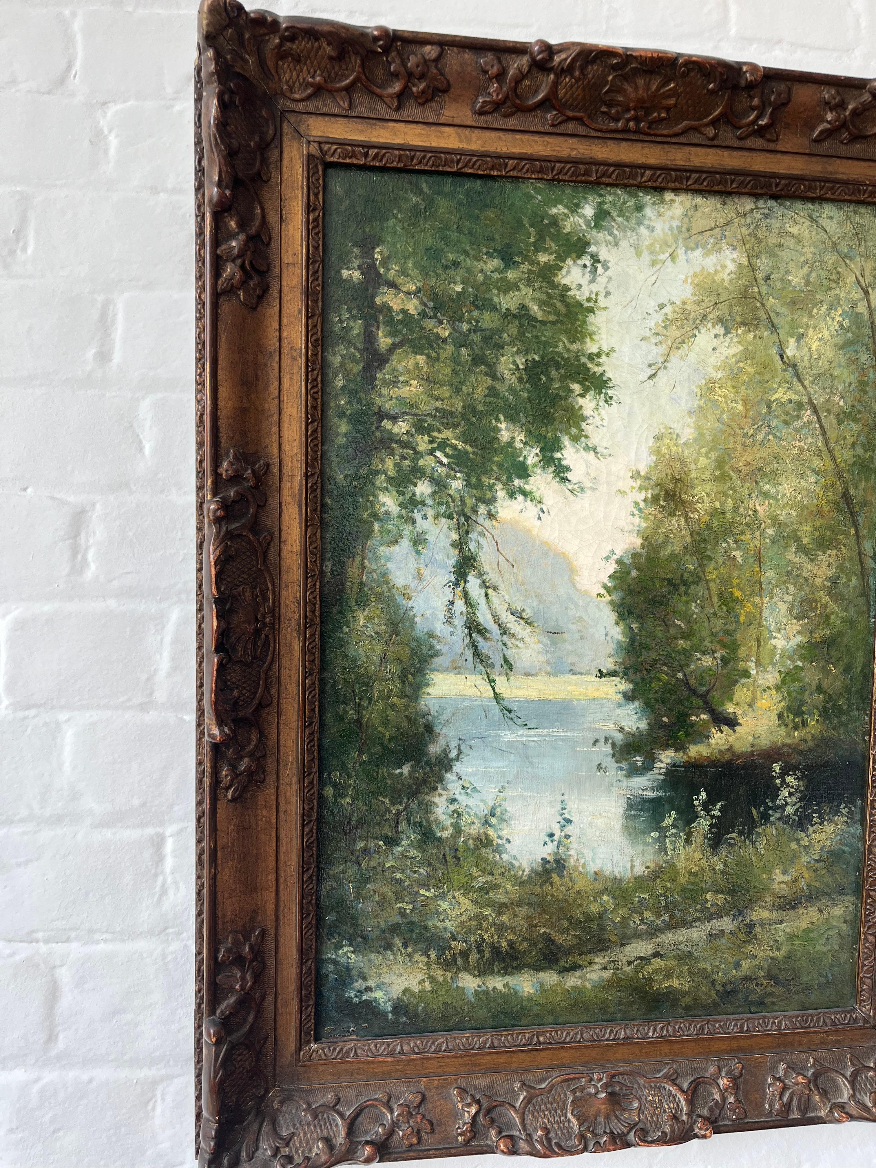Georges Moisaut Óleo impresionista francés, paisaje fluvial en venta 11
