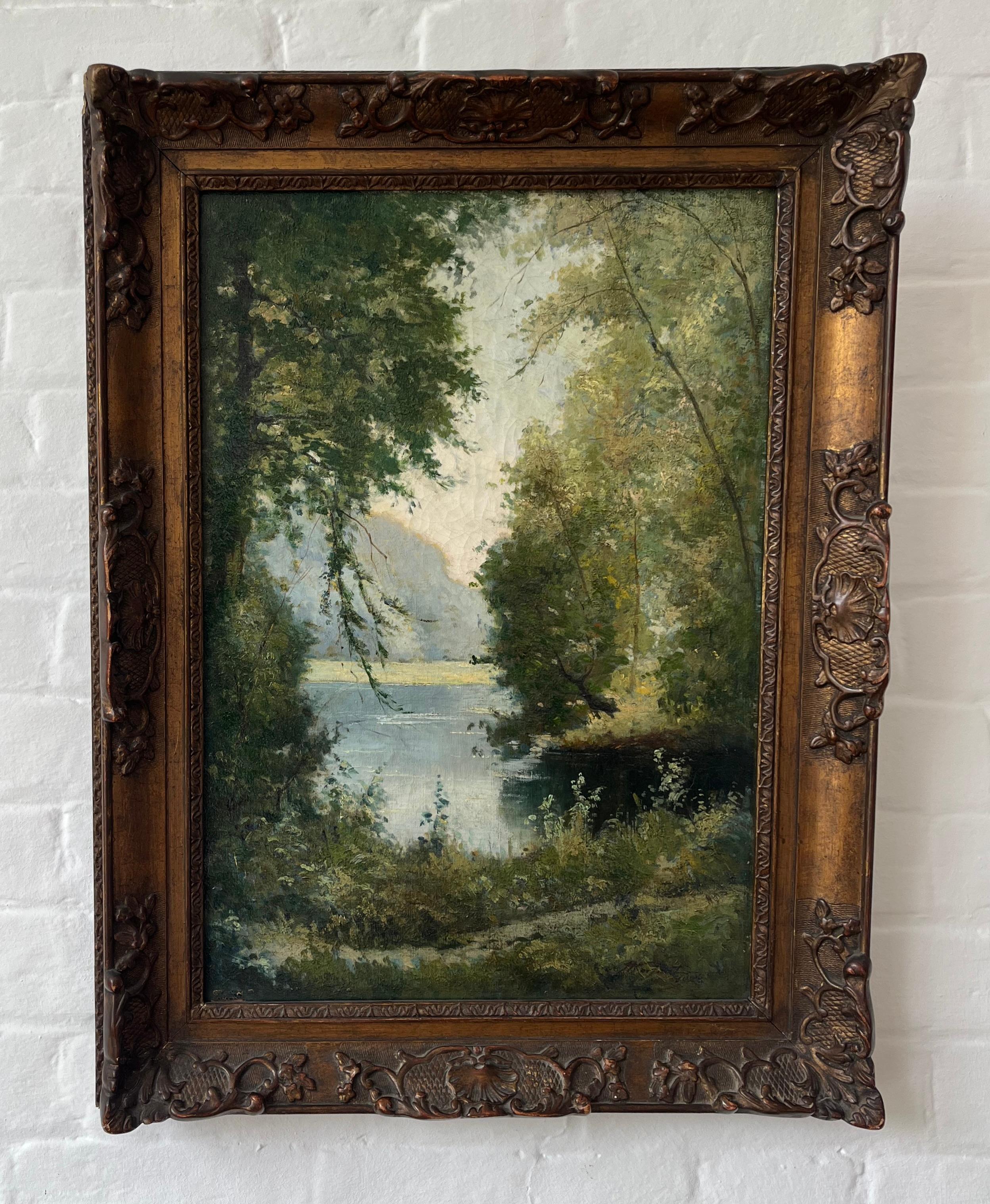 Georges Moisaut Óleo impresionista francés, paisaje fluvial en venta 2