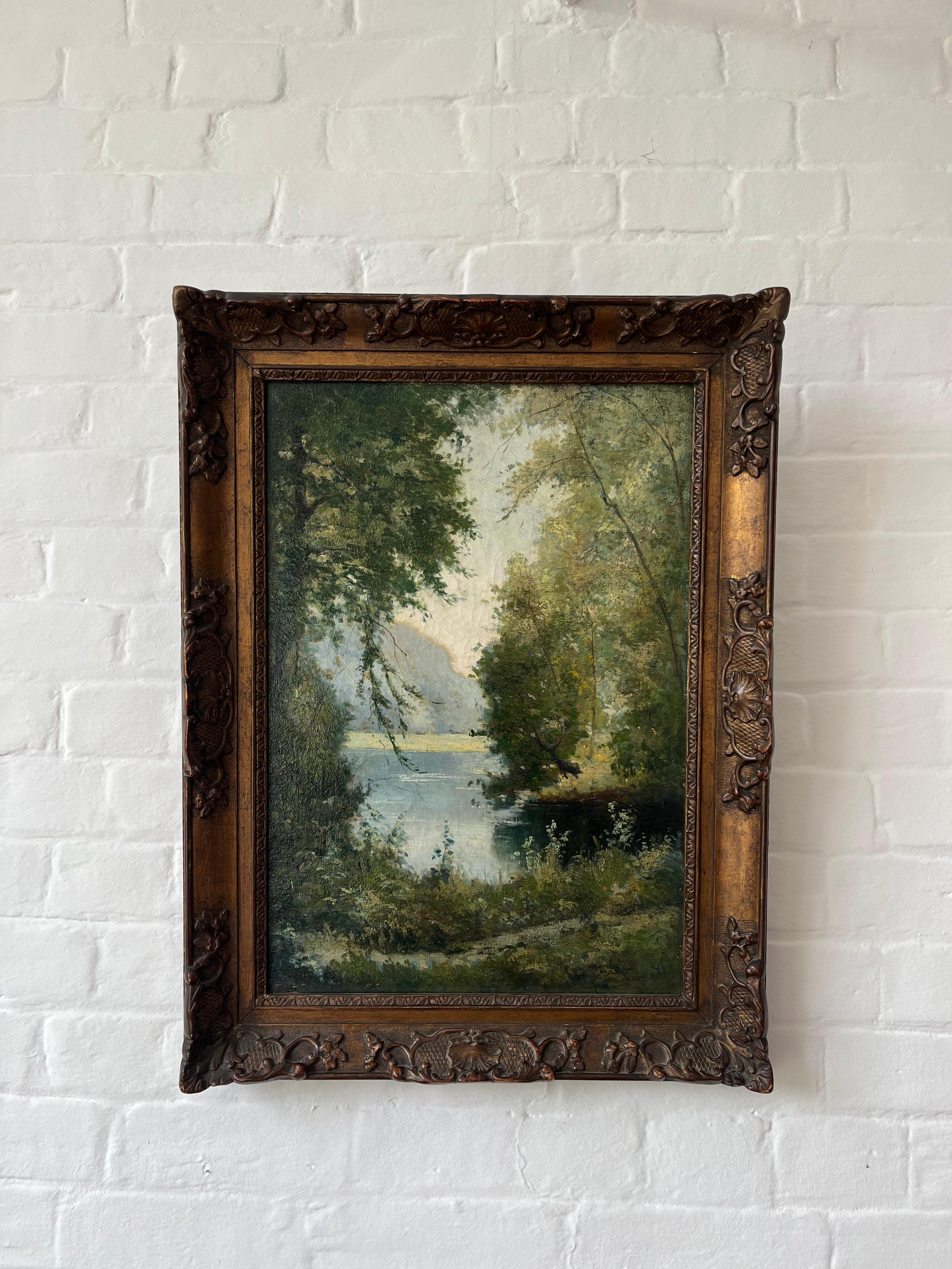 Georges Moisaut Óleo impresionista francés, paisaje fluvial en venta 3