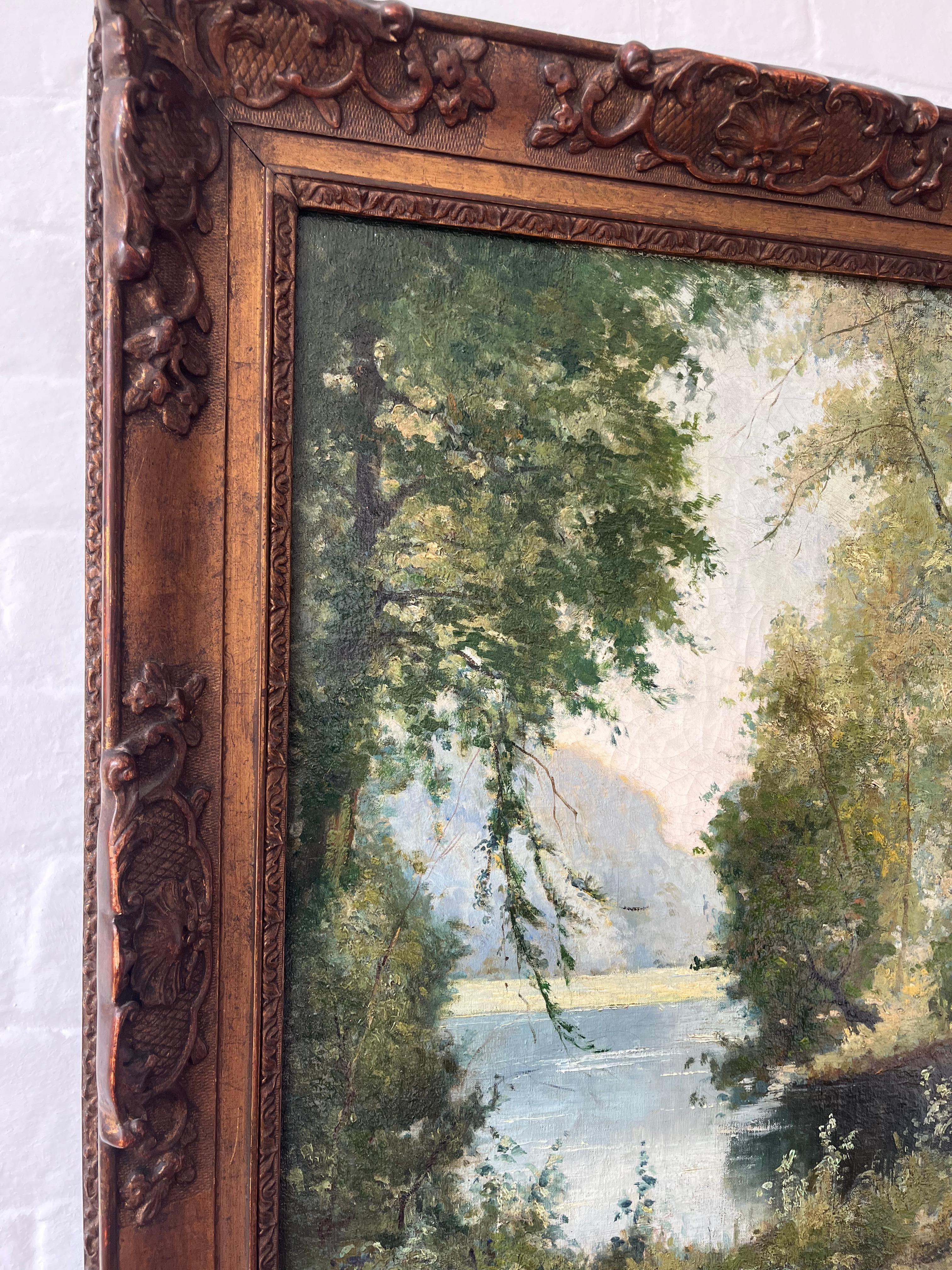 Georges Moisaut Óleo impresionista francés, paisaje fluvial en venta 5