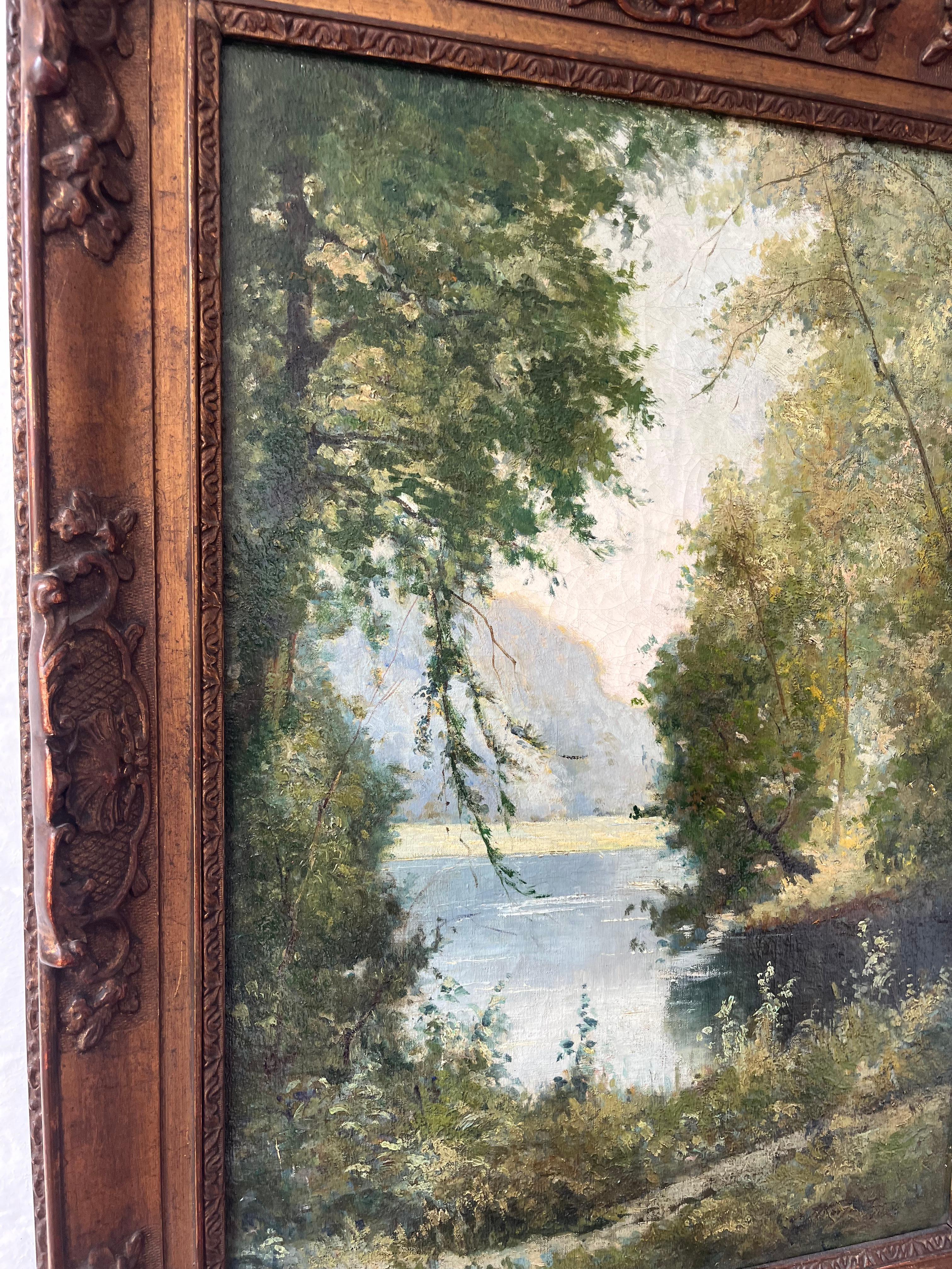 Georges Moisaut Óleo impresionista francés, paisaje fluvial en venta 6