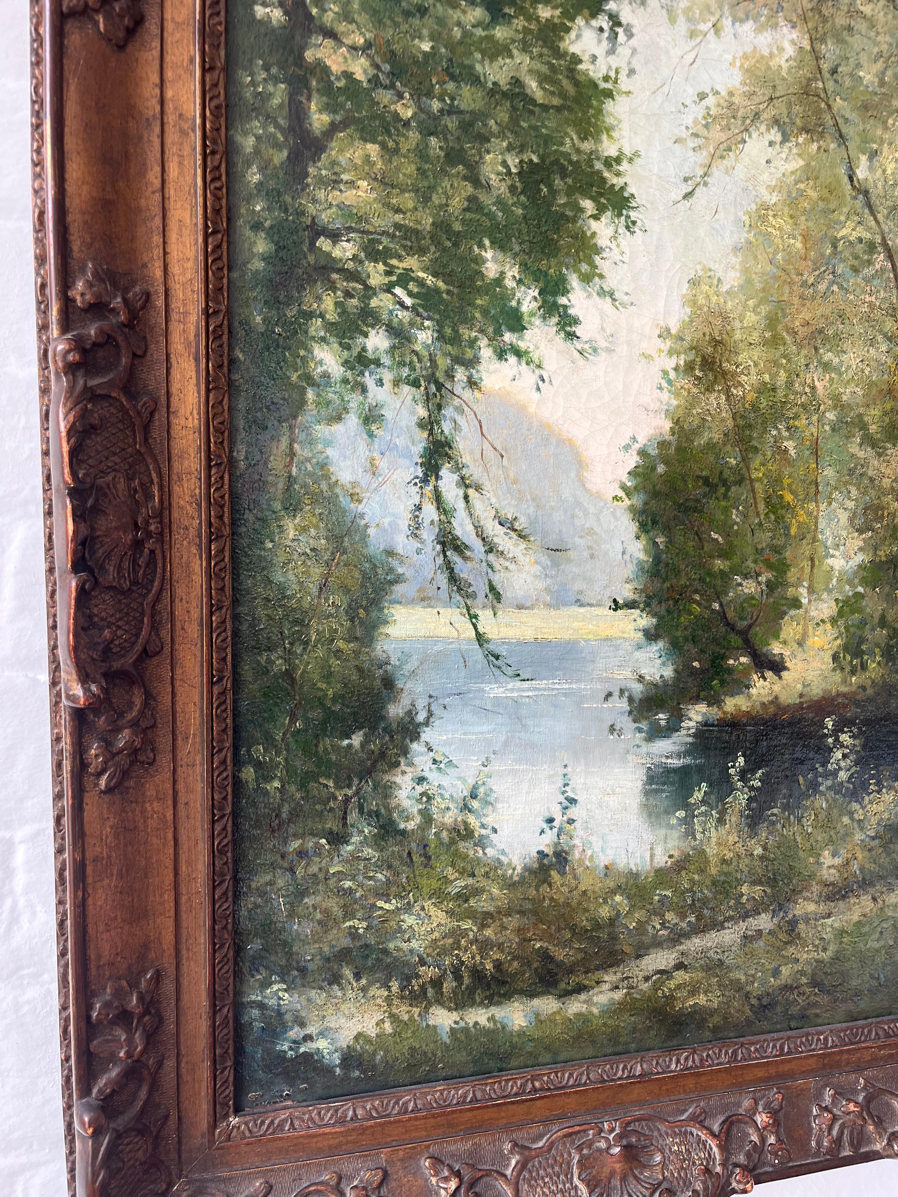 Georges Moisaut Óleo impresionista francés, paisaje fluvial en venta 7