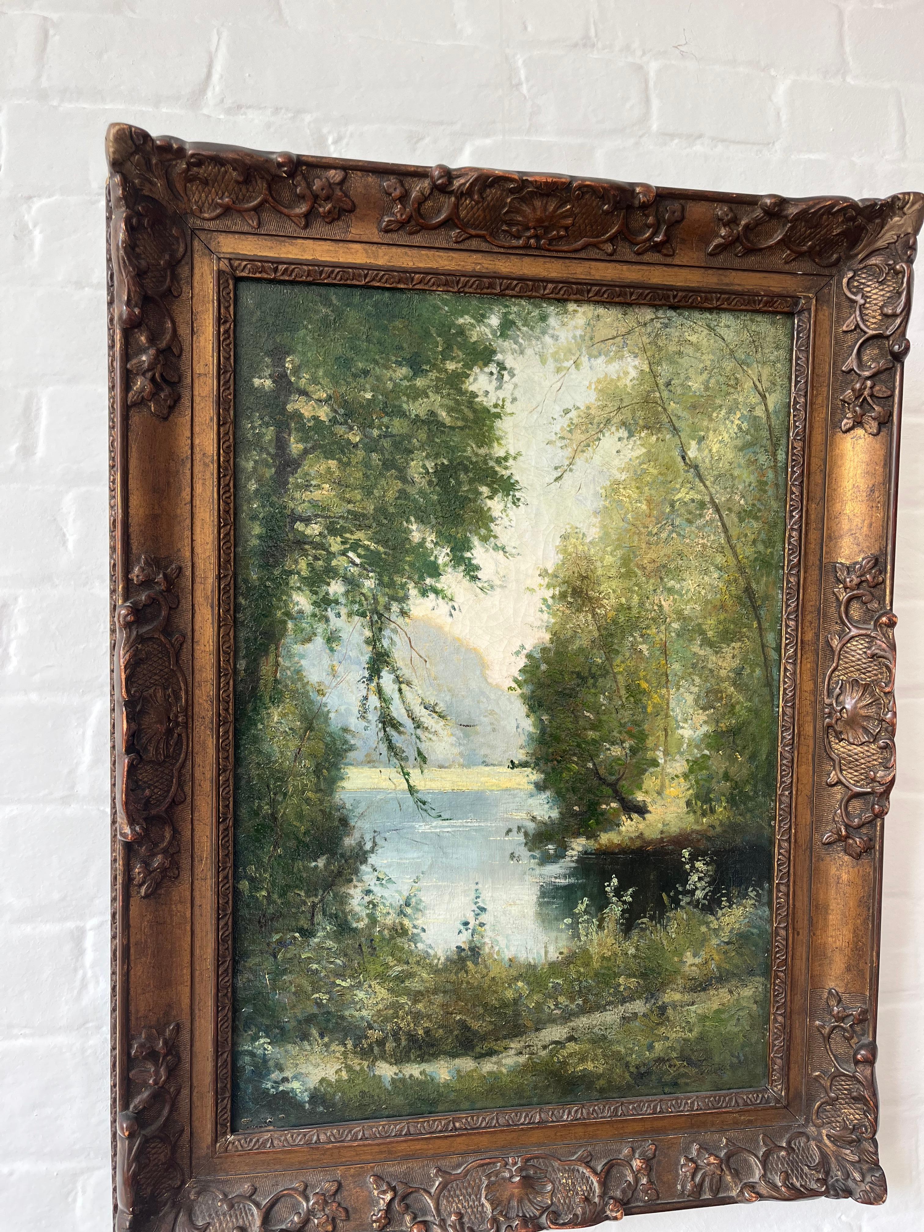 Georges Moisaut Óleo impresionista francés, paisaje fluvial en venta 8