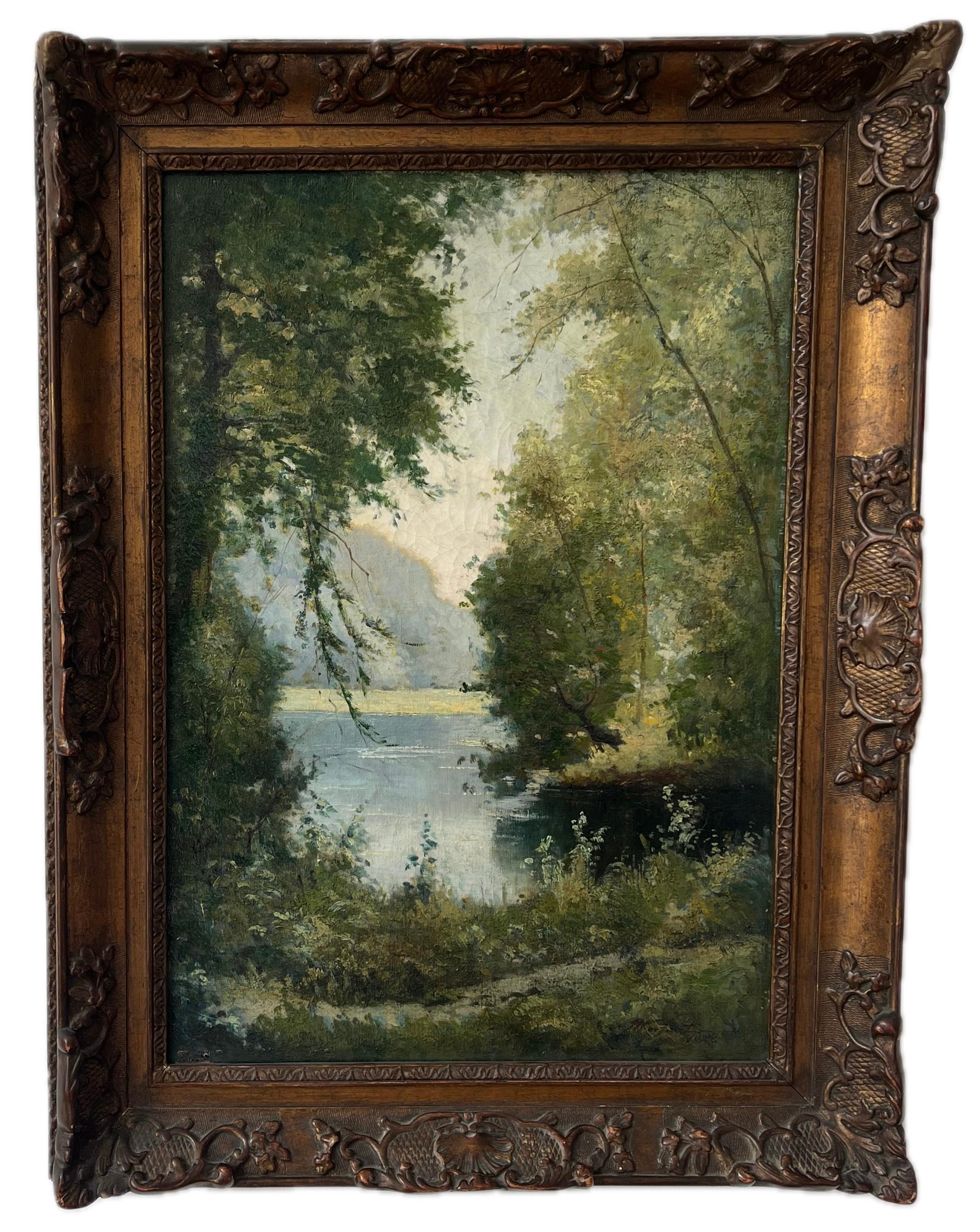 Una idílica escena veraniega de un río vislumbrado desde una frondosa ribera, muy probablemente el Sena, ya que el artista vivió y trabajó en París.

Georges Moisaut (expone a principios del siglo XX)
Paisaje fluvial
Firmado y además inscrito en