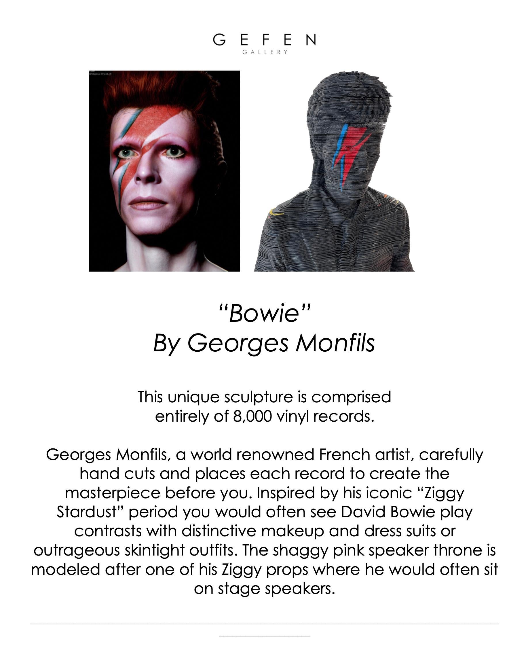 David Bowie is a unique sculpture created from Vinyl Records by Belgian artist Georges Monfils. 
David is made out of around 8000 vintage vinyl records.
He’s sitting on a a throne of PA speakers, with the classic Ziggy Stardust lightning bolt across