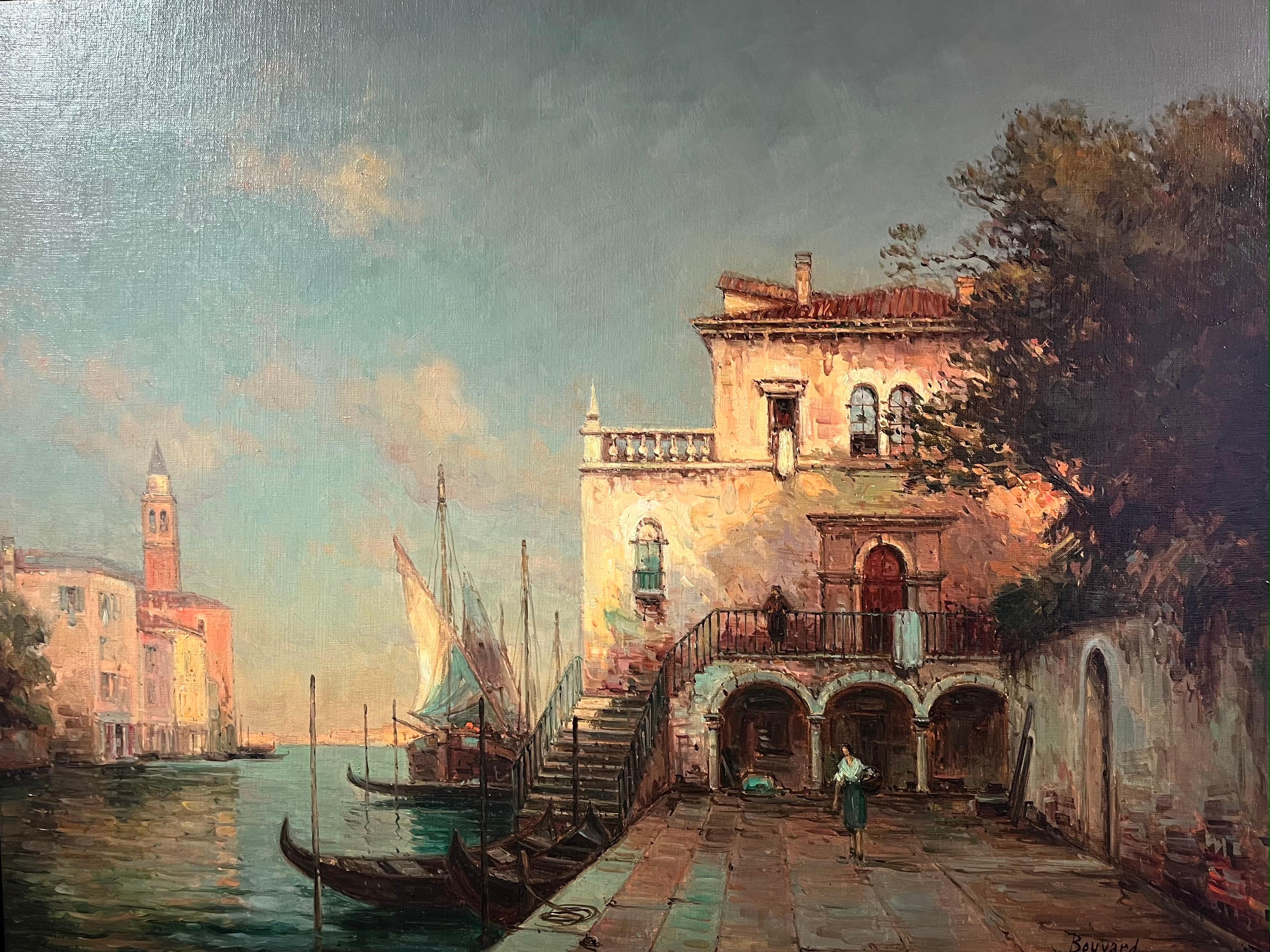 'Sunrise in Venice' Venetian Landscape painting of buildings, figures with boats - Painting by Georges Noel Bouvard