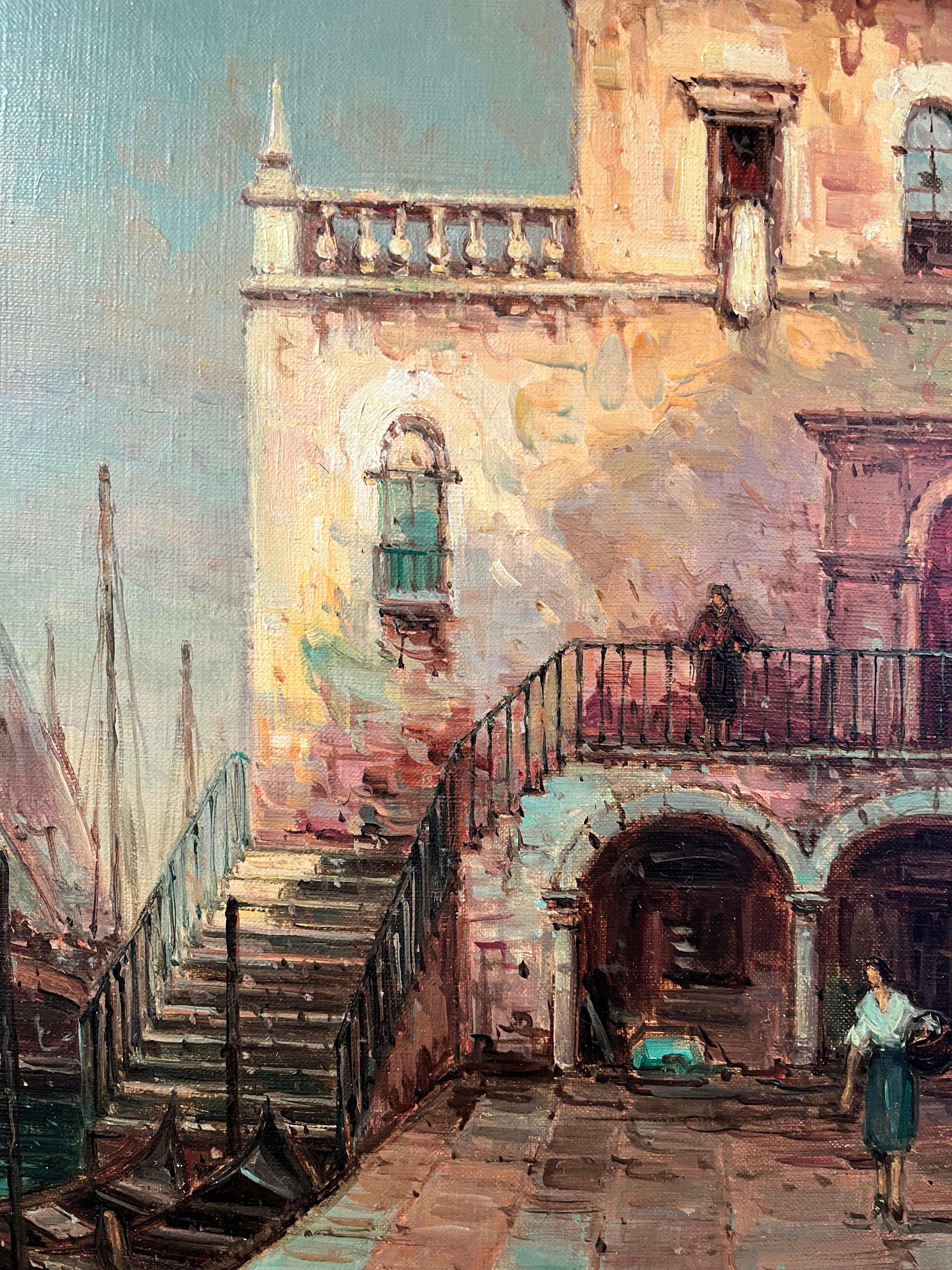 'Amanecer en Venecia' Paisaje veneciano pintura de edificios, figuras con barcos en venta 1